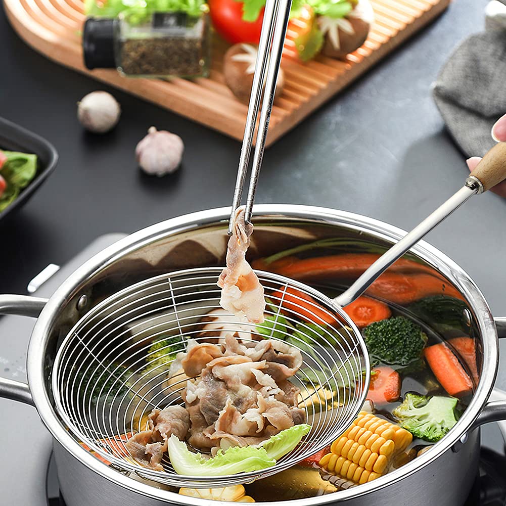 Spider Strainer, Slotted Spoon, 7.1 Inch Skimmer Spoon With Wood Handle, Stainless Steel Frying Spatula Large Strainer Ladle Met