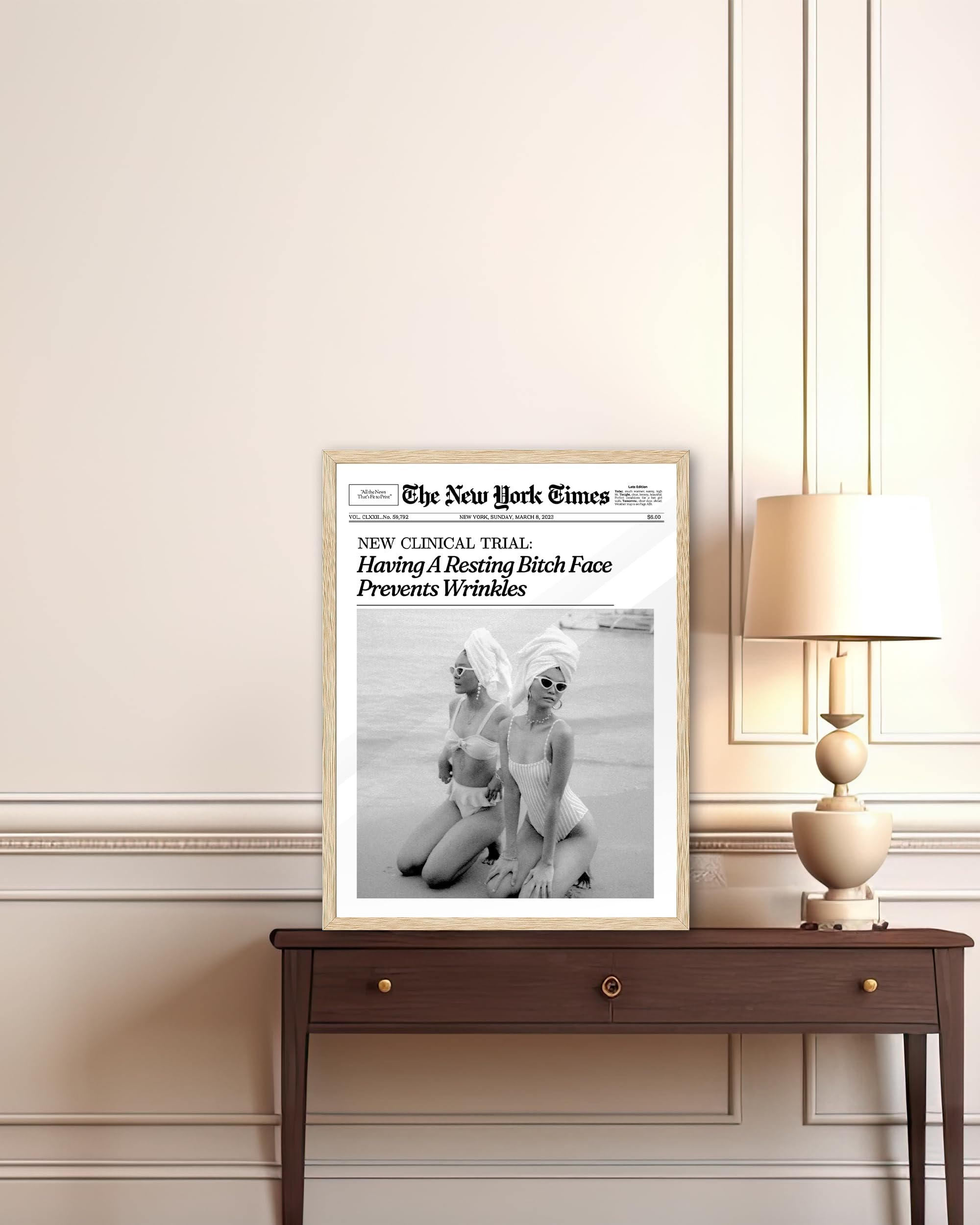 Ihery Having A Resting Bitch Face Prevents Wrinkles Framed Trendy Hot Girls Newspaper Wall Art, Natural Oak Wood 12X16In Canvas