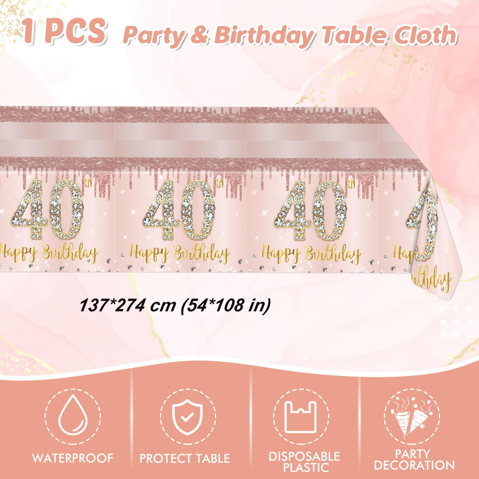 41Pcs 40Th Birthday Decorations, Rose Gold Birthday Party Supplies Include 20Pcs Plates 20Pcs Napkins And 1Piece Tablecloth, Swe
