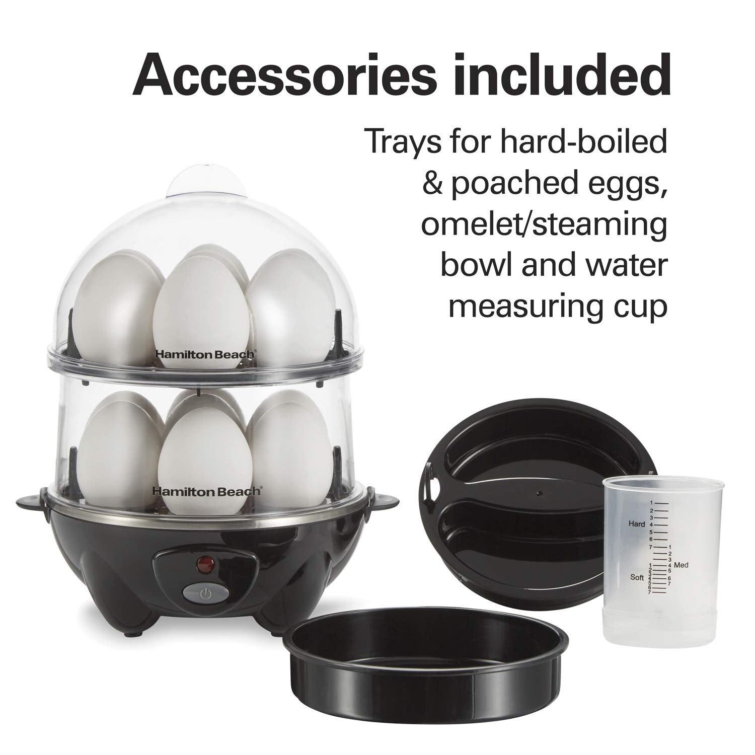 Hamilton Beach 3-in-1 Electric Egg Cooker, Hard Boiled, Poacher, Omelet Maker, Holds 14, Black, Model 25508