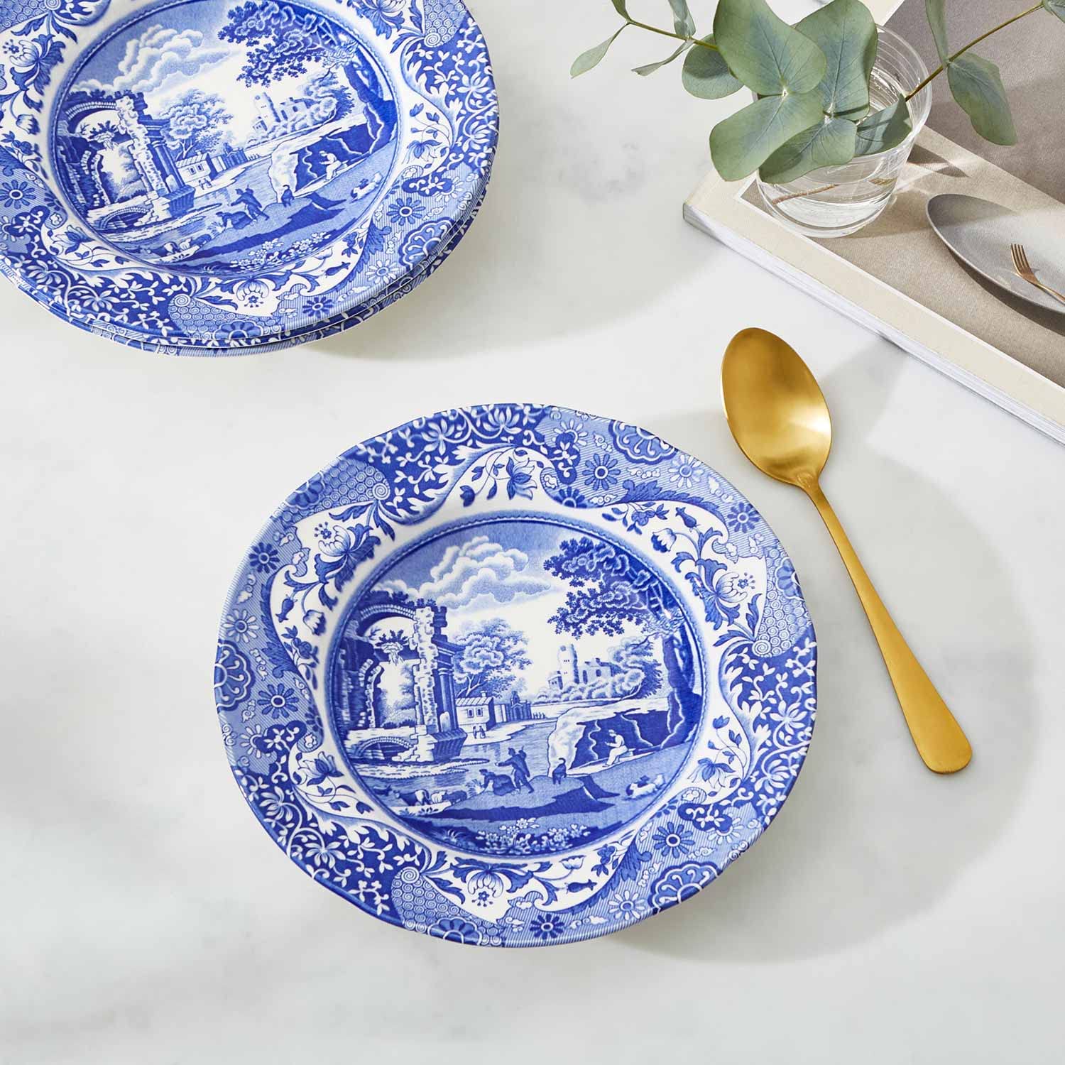Portmeirion Spode Blue Italian Soup Bowls | Set Of 4 | 9Inch | Soup, Pasta, And Salad Serving Bowls | Round, Wide Rim Bowl | Mic