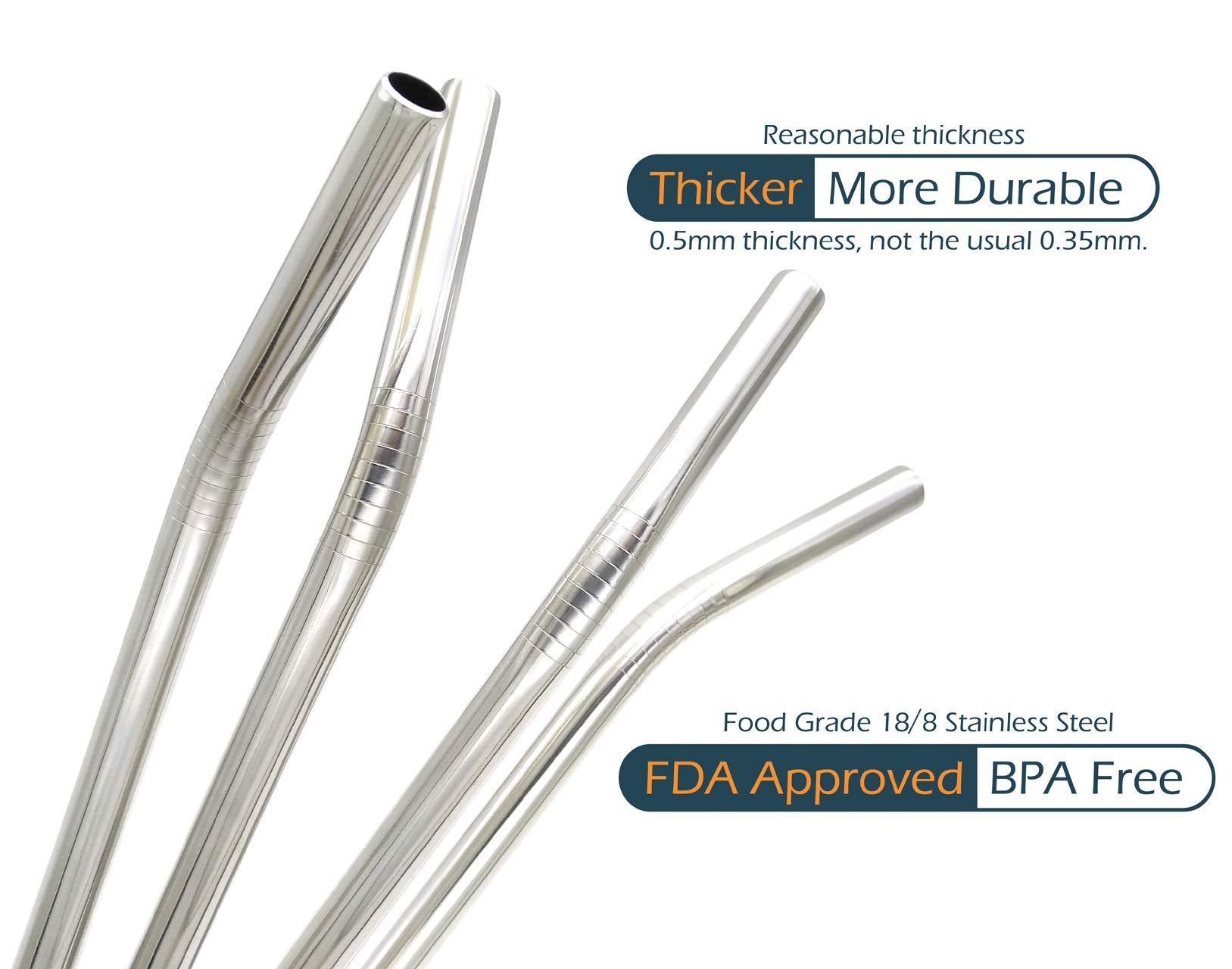 Gfdesign Big Drinking Straws Reusable 12 Inches Extra Long 9Mm Extra Wide Sus 304 Food-Grade 18/8 Stainless Steel - Set Of 4 Wit