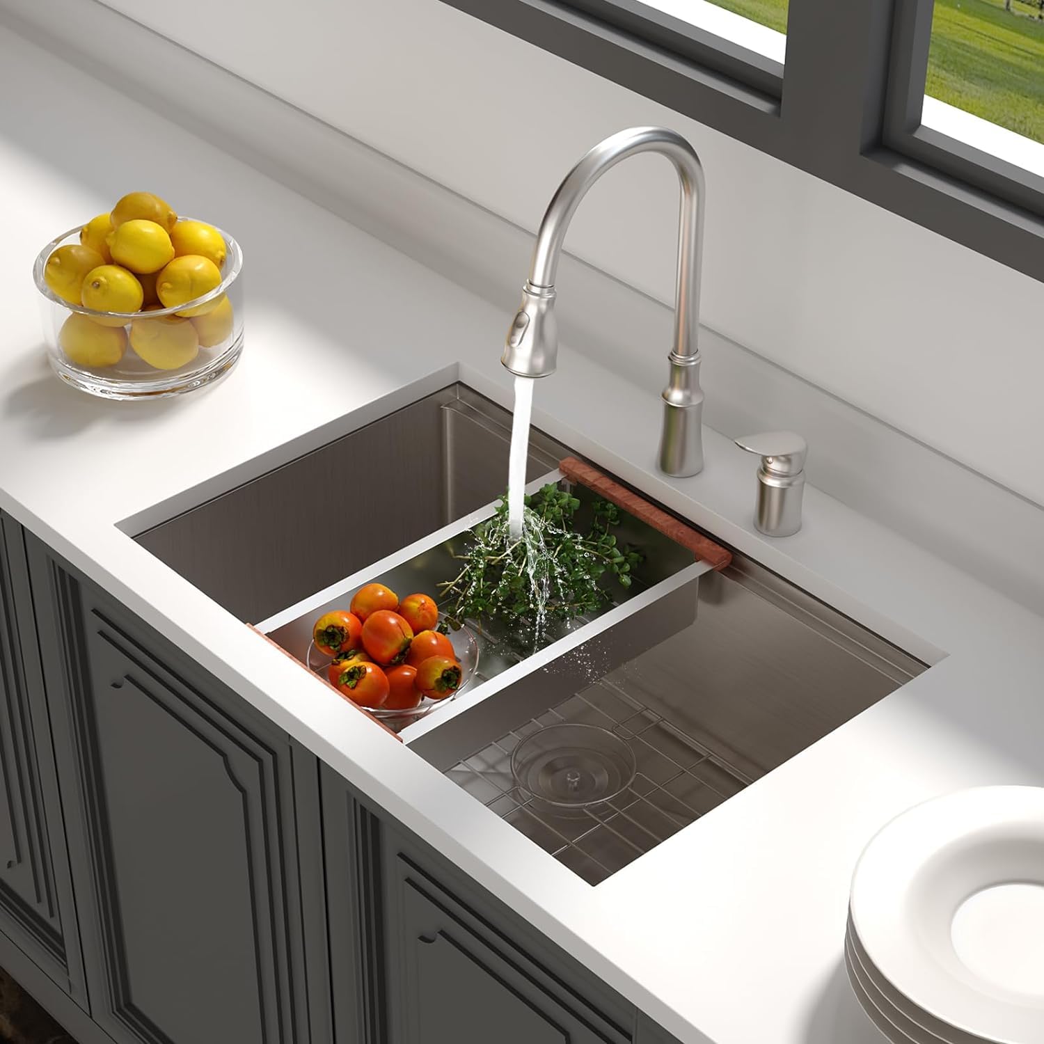 Lordear 28 Undermount Kitchen Sink Stainless Steel 16 Gauge Under Counter Workstation Sink Single Bowl 304 Stainless Steel One B
