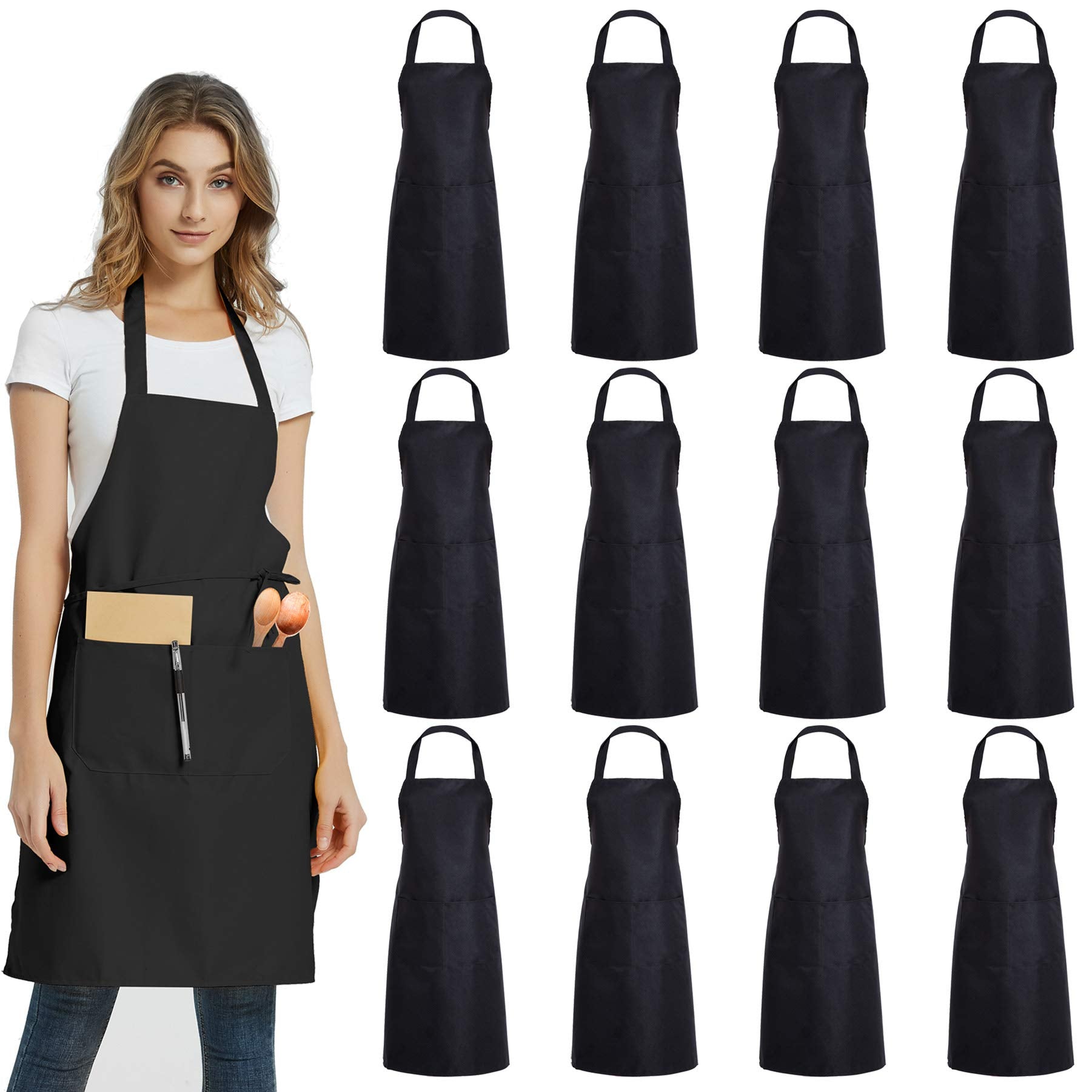 Duskcove 12 Pack Plain Bib Aprons With 2 Pockets - Black Unisex Commercial Apron Bulk For Kitchen Cooking Restaurant Bbq Paintin