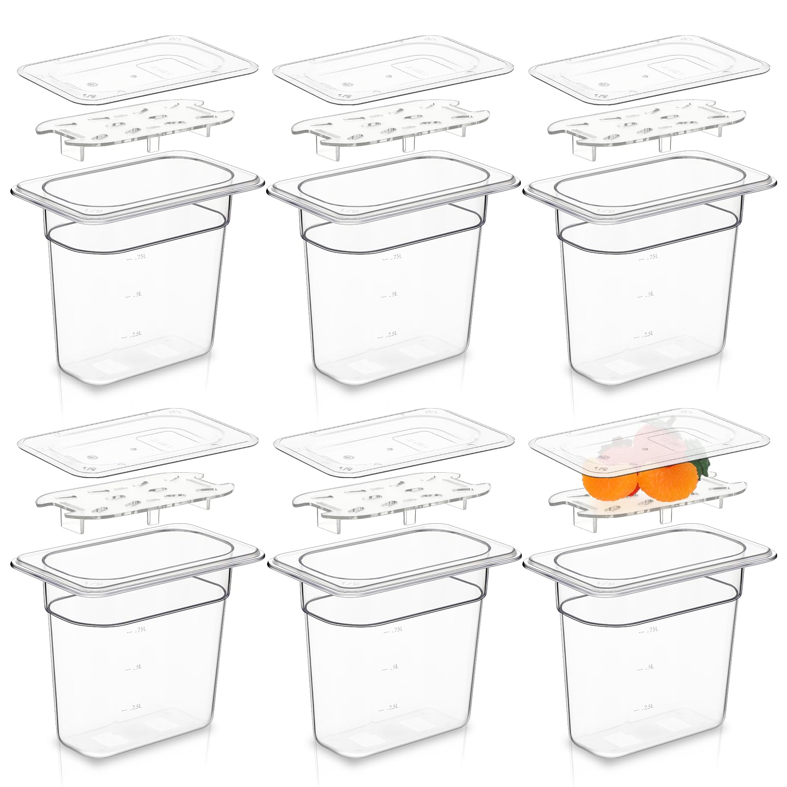 Sunnyray 6 Set 1/9 Size Polycarbonate Food Pans With Lids And Drain Shelf Deep Square Food Storage Containers For Kitchen Restau