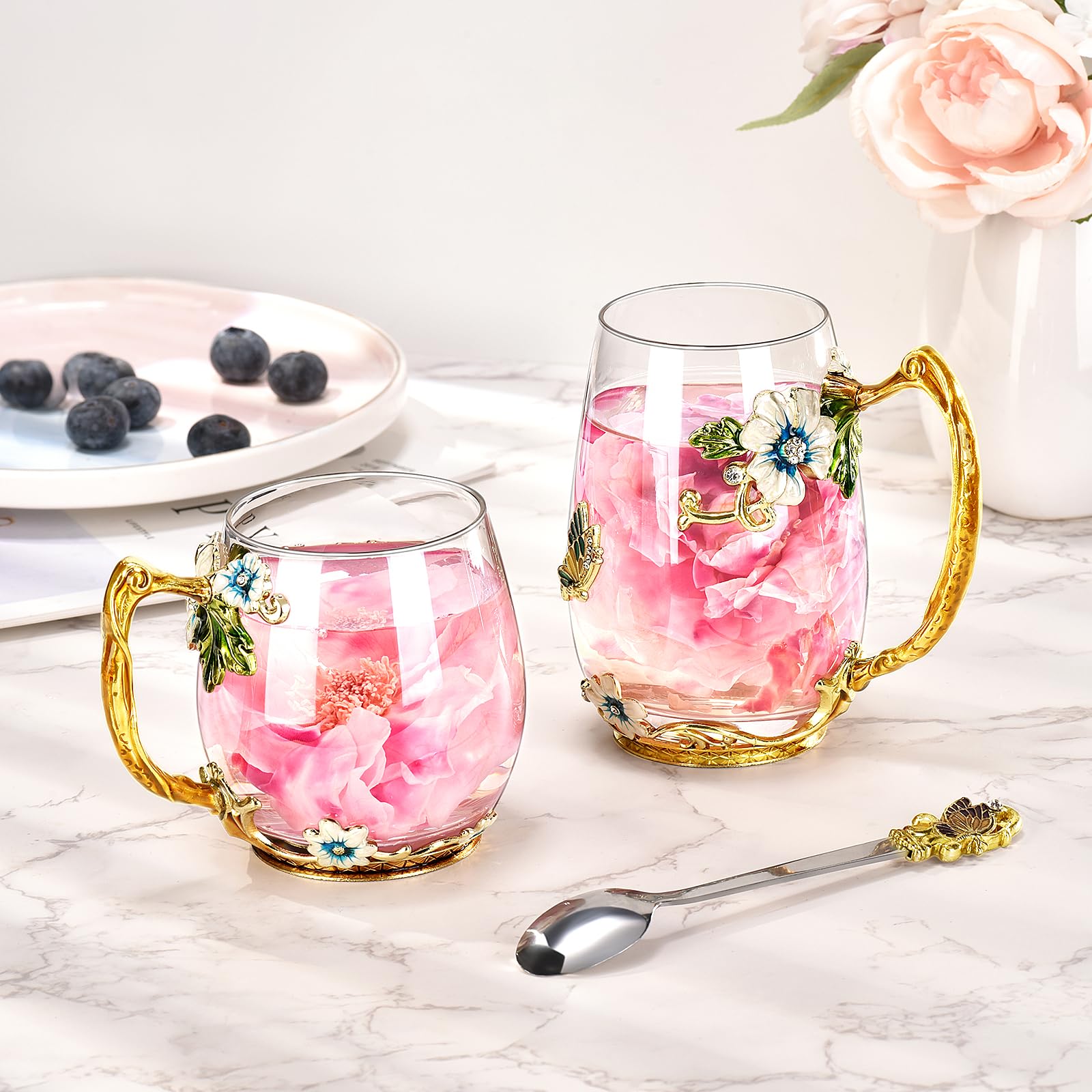 Wisolt Glass Flower Tea Cup with Tea Spoons Elegant Butterfly Tea Cup for Coffee Tea Juice Milk Gift Ideas for Women Mom Wife Fr