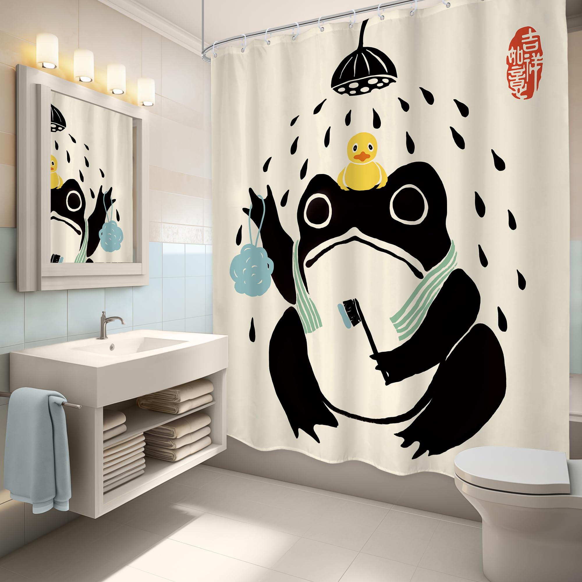 Lghtyro Funny Frog Shower Curtain Bathroom Set 60Wx71H Inches Cute Animal Bath Asian Style Traditional Japanese Art Rubber Duck