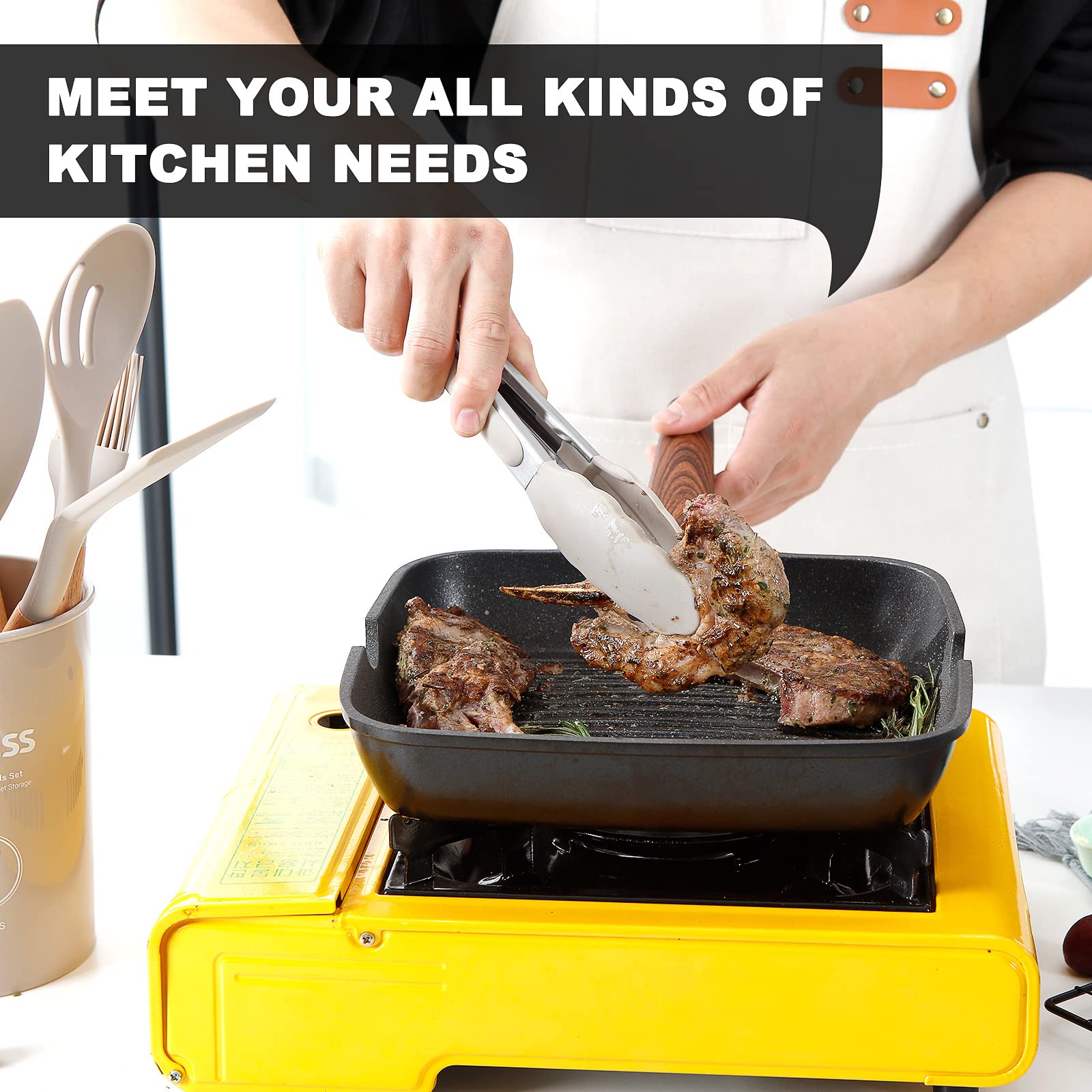 Kitchen Utensils Set Qmvess 35 Pcs Non-Stick Silicone Cooking Utensils Set With Holder Sturdy Insulation Wooden Handle Heat Resi