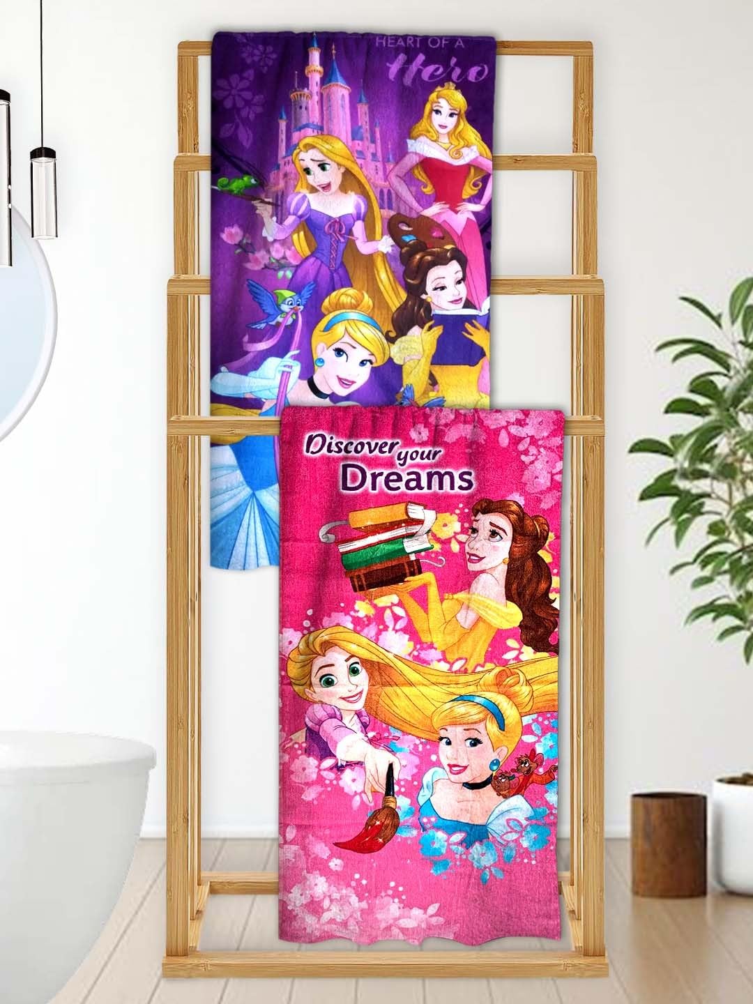 Athom Living Disney Discover Your Dreams Princess Kids Cotton Bath Towel 60X120 Cms (Pack Of 2)