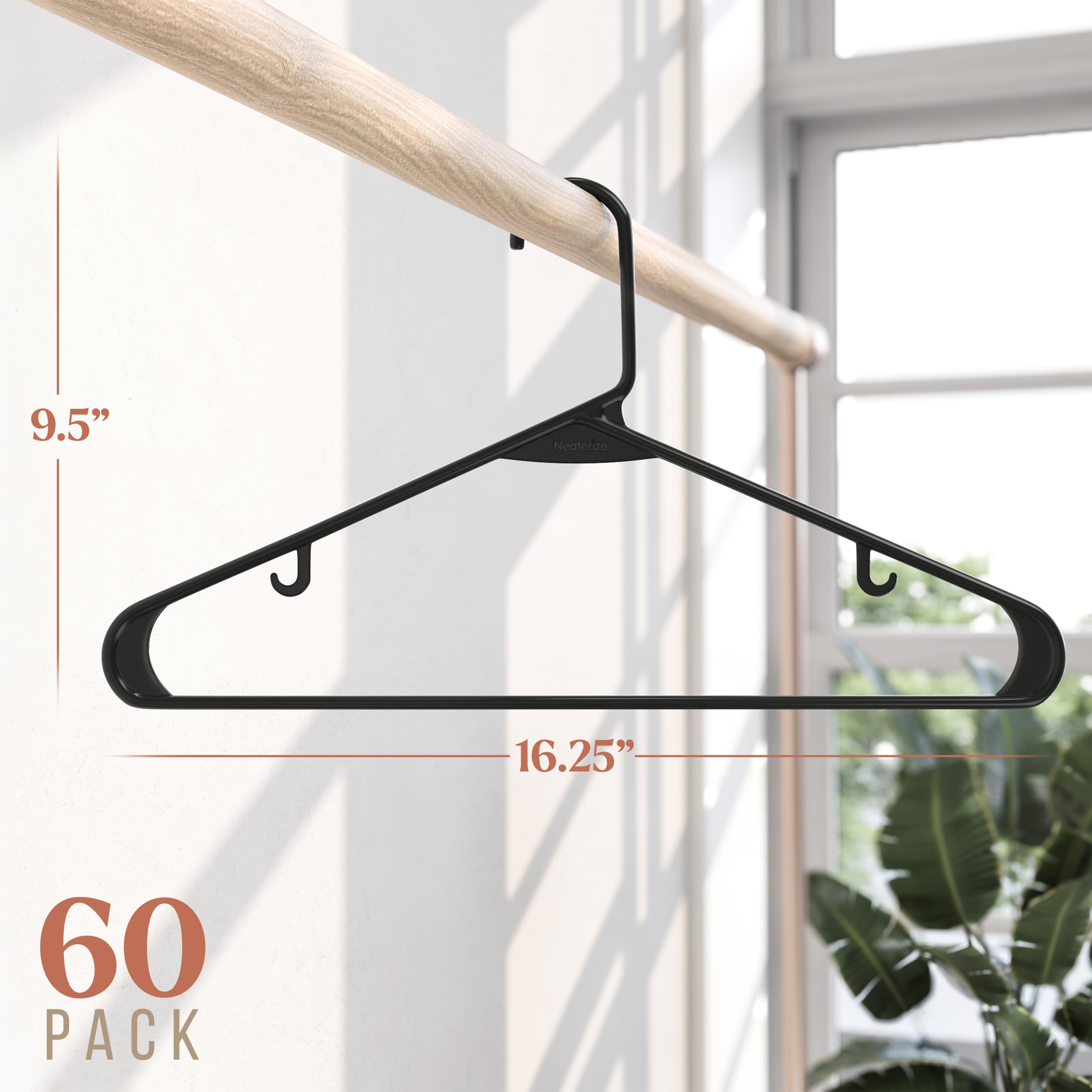 Neaterize Clothes Hangers Plastic 60 Pack - Black Plastic Hangers - Makes The Perfect Coat Hanger And General Space Saving Cloth