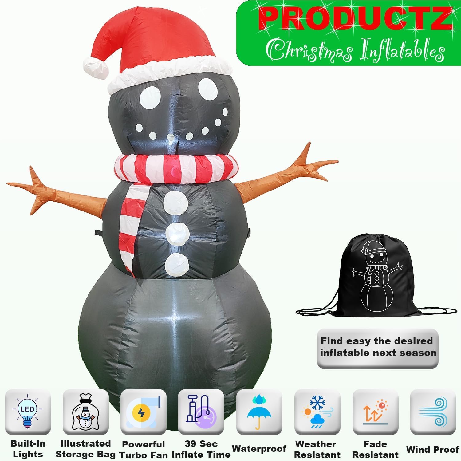 PRODUCTZ Christmas Decorations 5 FT Black Inflatable Snowman w/Christmas Hat Unique Holiday Blow Up Outdoor/Indoor/House/Yard De