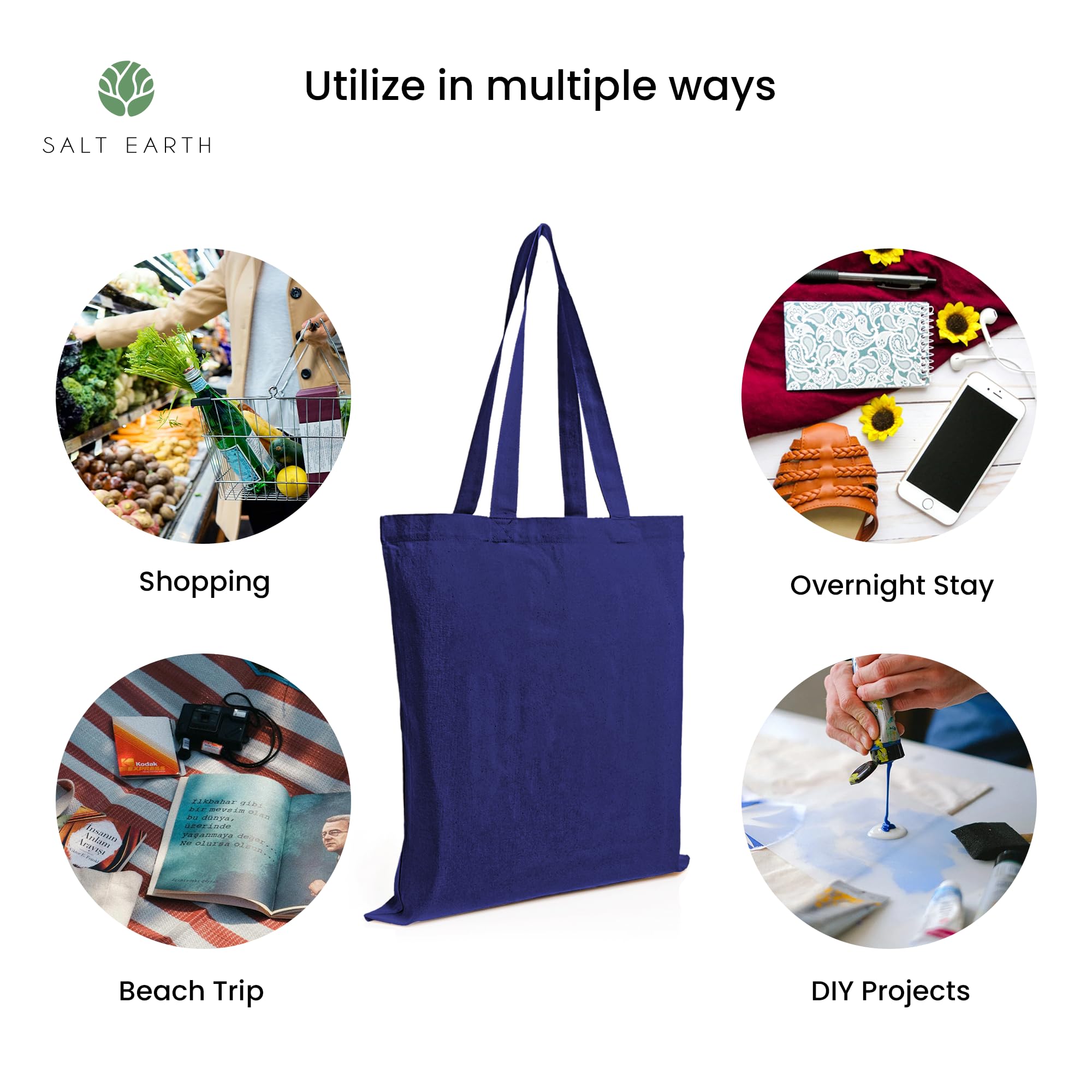 Salt Earth Pack Of 5, 100% Cotton Reusable Bulk Grocery Tote Bag, Reusable Shopping Bags, Suitable For Diy, Beach Tote Bag, Prom