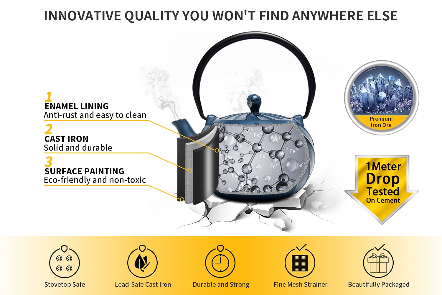 Tea Kettle, Toptier Japanese Cast Iron Teapot With Stainless Steel Infuser, Cast Iron Tea Kettle For Stove Top, Wave Design Teap