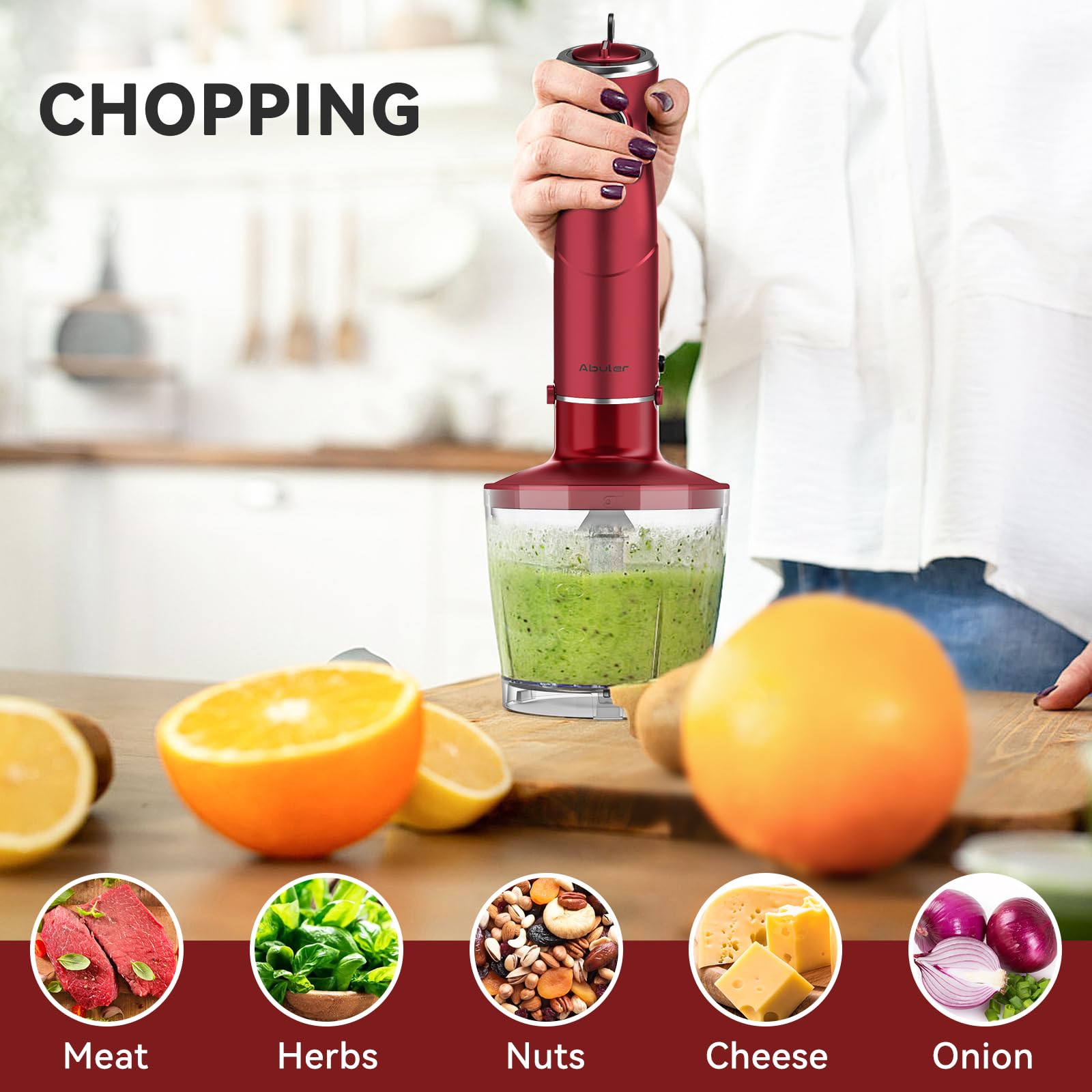 Abuler Immersion Blender 5 in 1, 1000W Hand Mixer, 12 Speed, 304 Stainless Steel, Red, Model HB-2035, with Beaker, Chopper