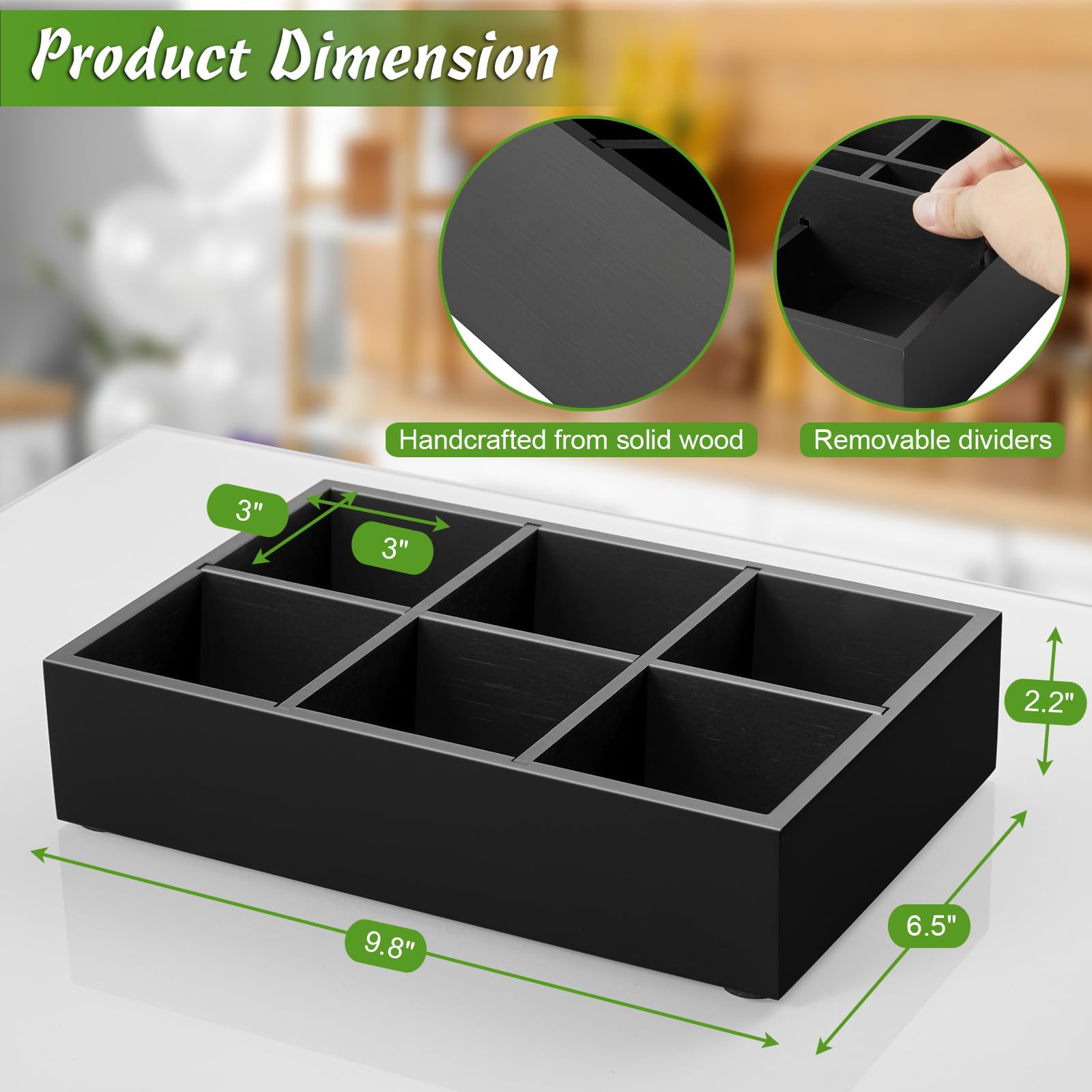 Drastar Tea Bag Organizer, Tea Bag Drawer Organizer, Wooden Tea Bag Holder, Tea Chest With 6 Compartments, Tea Organizer Storage