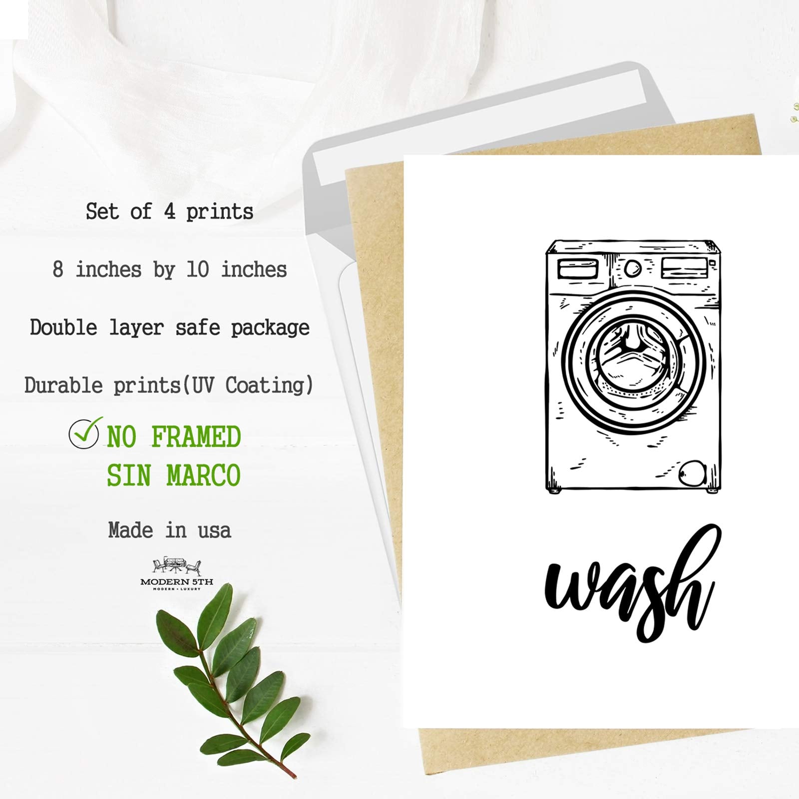 Modern 5th Laundry Room Signs (Set of 4 Unframed - 8 x 10 Inches)  Wash Dry Fold Repeat  Typography Wall Art Decor Prints  Black and White Print Unframed