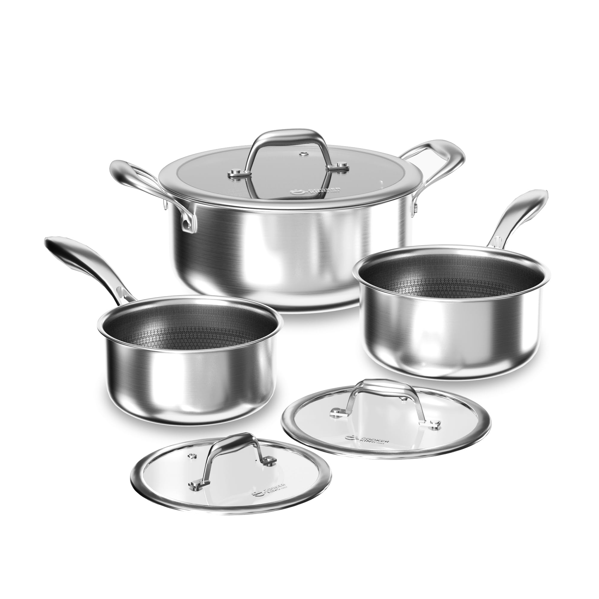 COOKER KING Stainless Steel 6 Pcs Pots Set, 1.5 & 2QT Saucepan and 5-Quart Pots with Lids, Non Stick, Non Toxic, Stay-Cool Handl
