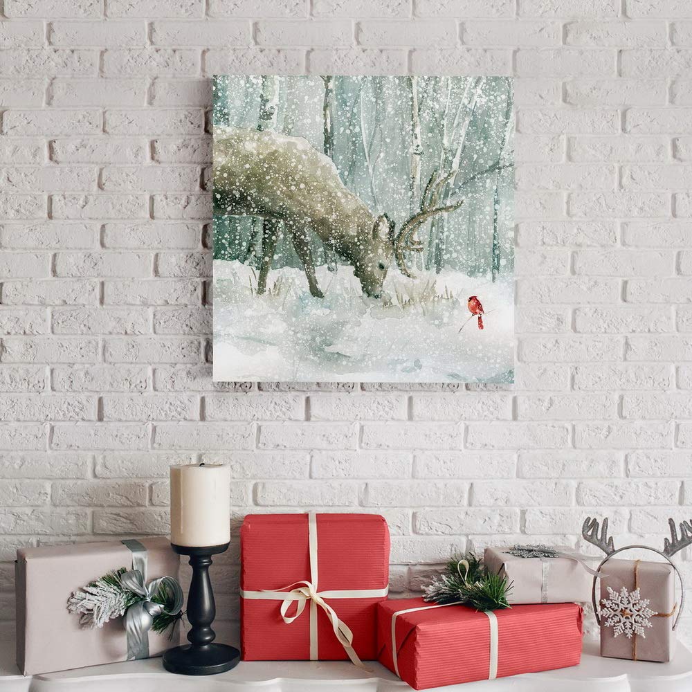 Renditions Gallery Reindeer and Cardinal Wall Art  Cute Christmas Artwork  Snowy Winter Forest  Scenic Nature  Premium Gallery Wrapped Canvas Decor  Ready to Hang  16 in H x 16 in W  Made in America (WC07-40628-1616)