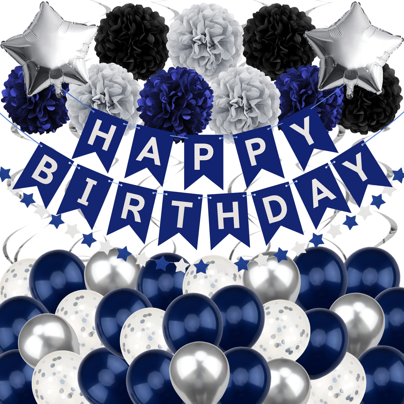 Recosis Birthday Decorations For Men, Black And Navy Blue Party Decorations Happy Birthday Decorations With Banner For Men Boy 3