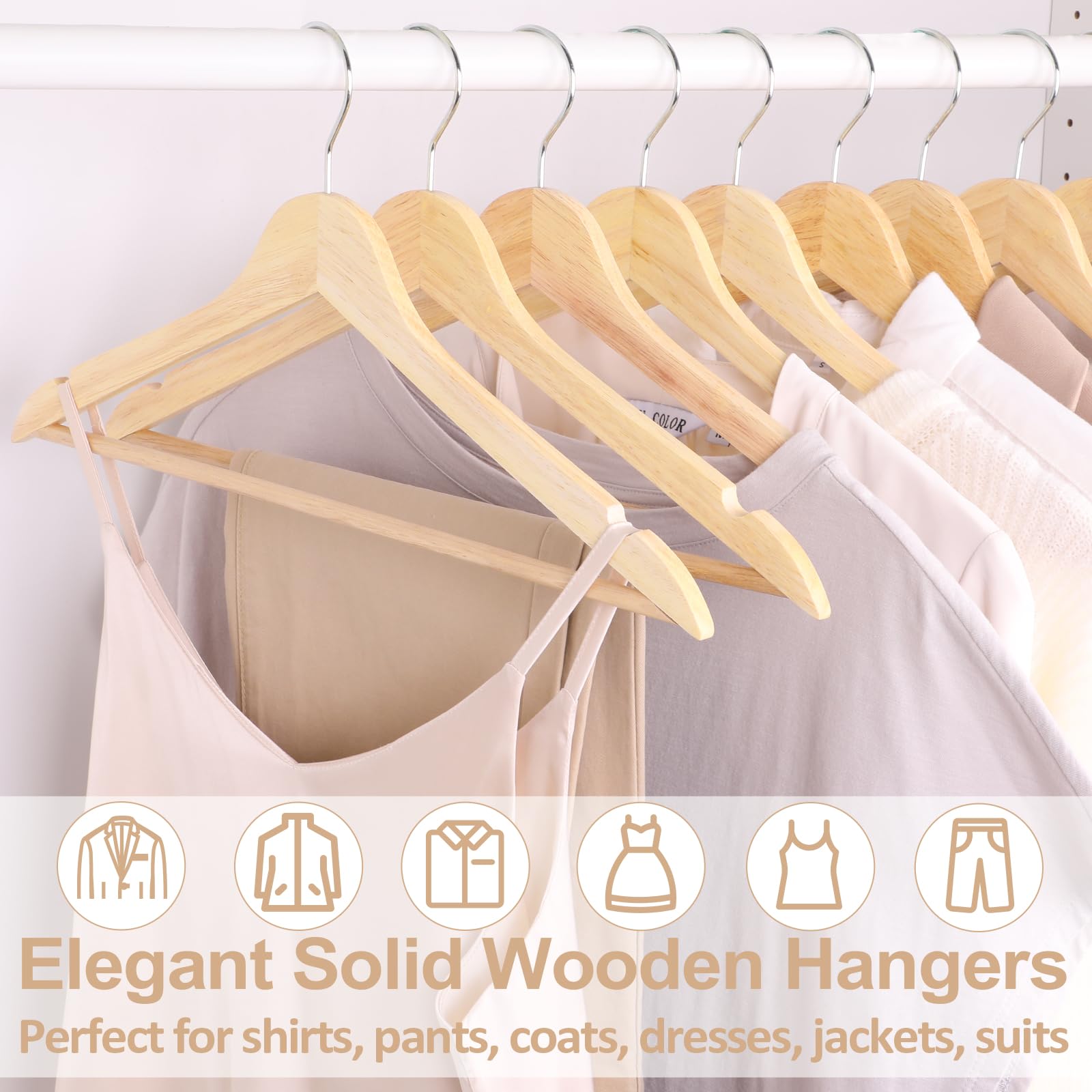 Rosos Wooden Hangers 20 Pack, Solid Wood Hangers With 360 Swivel Chrome Hook, Smooth Finish & Precisely Cut Notches, Slim Wooden