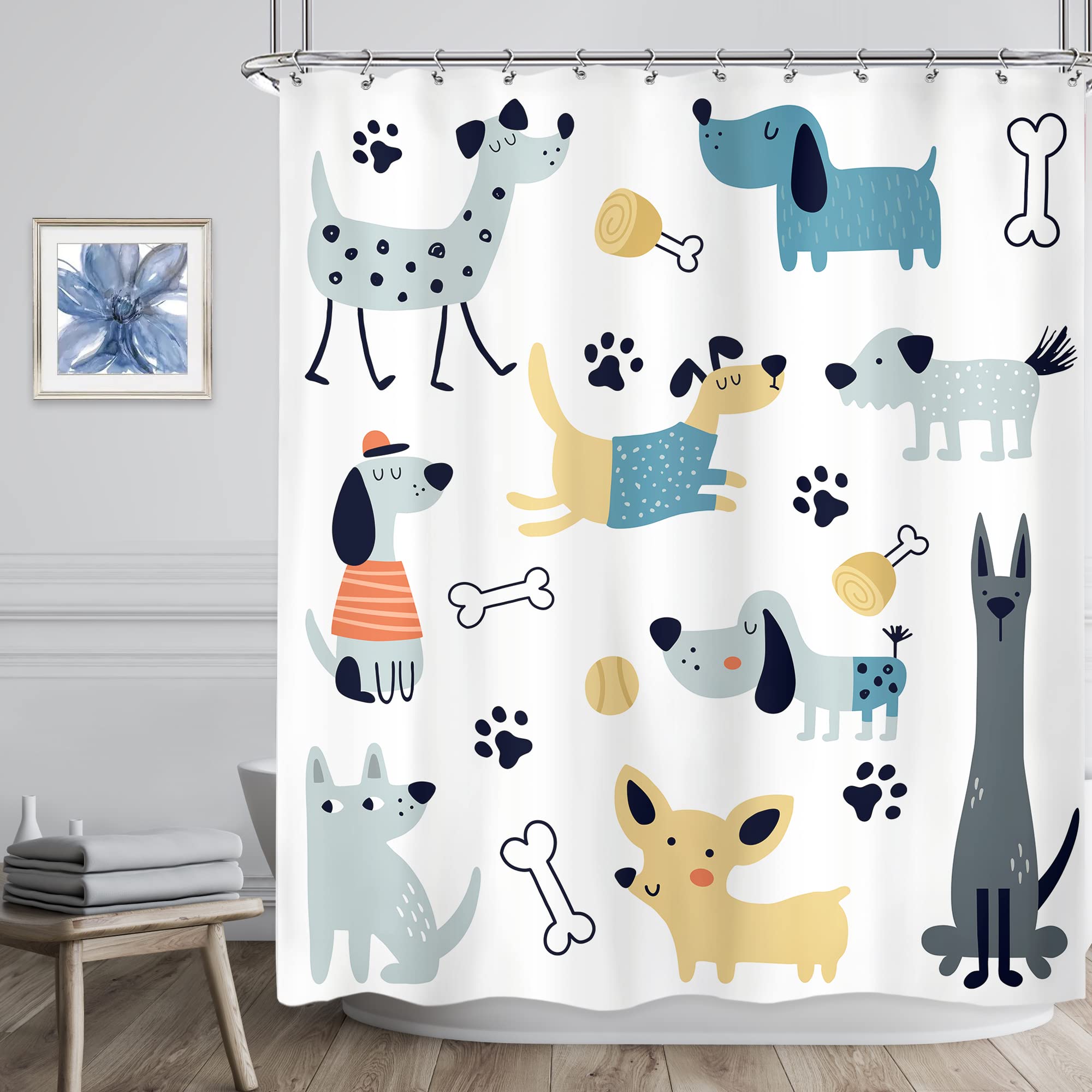 Riyidecor Cute Dogs Shower Curtain 60Wx72H Inch Funny Lovely Cartoon Animal Paw Print Bones Childish Puppy Pets For Kids Girl Bo