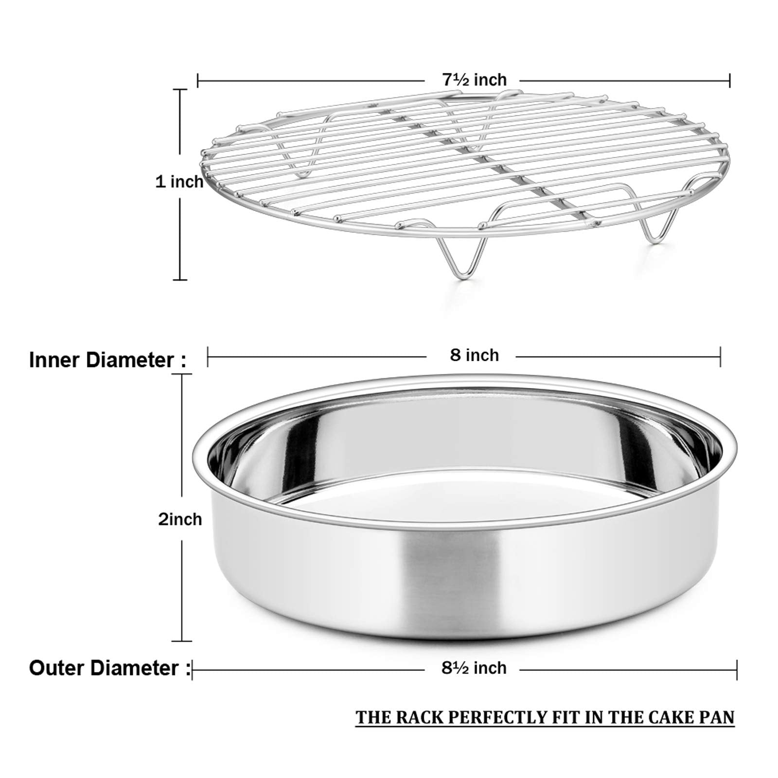 E-Far 8-Inch Round Cake Pan With Rack Set, Stainless Steel Cake Pans Tins And Baking Cooling Racks, Non Toxic & Healthy, Mirror
