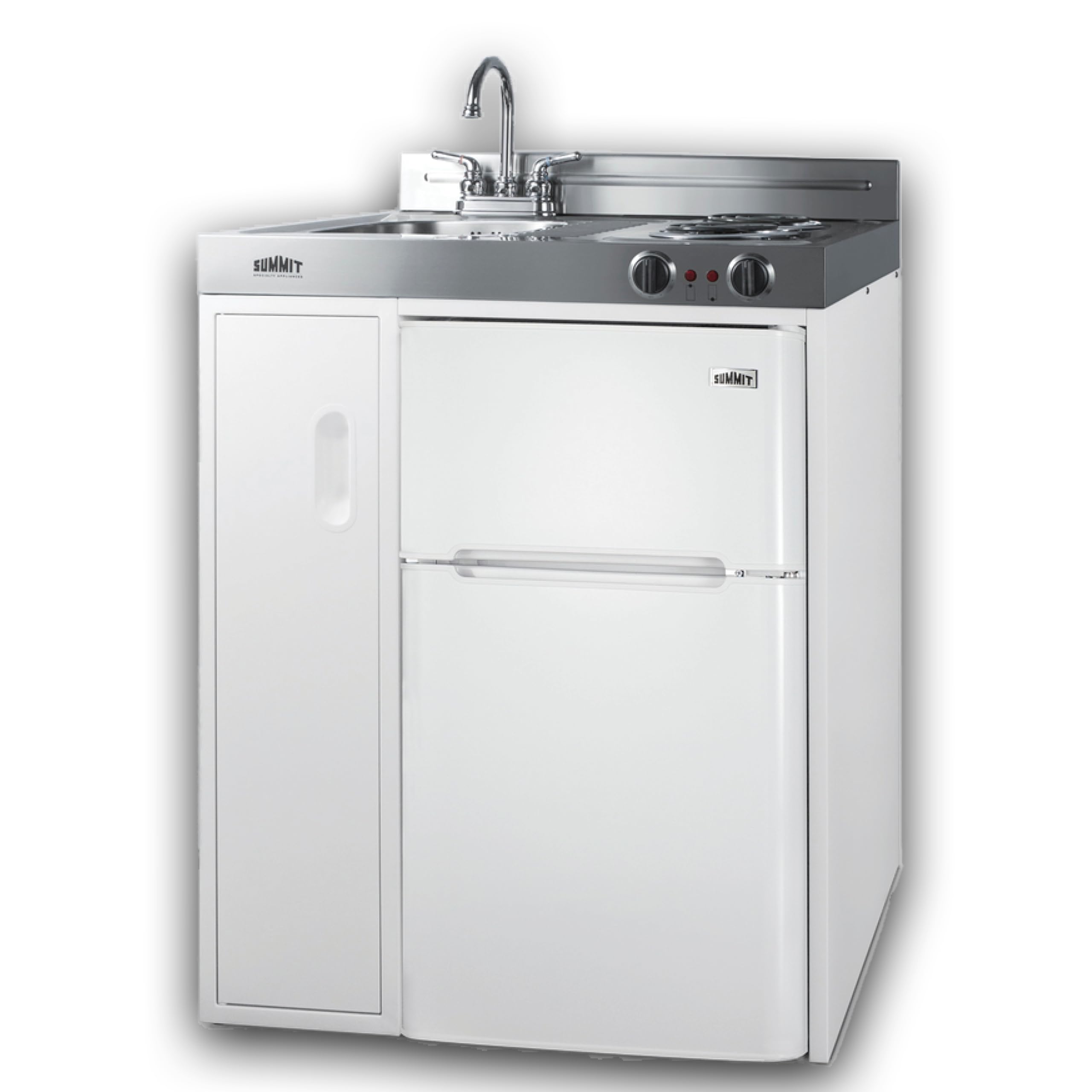 Summit 30 Wide All-In-One Kitchenette, 2-Door Refrigerator-Freezer, 2-Burner Cooktop, Sink, and Storage, White- C30EL