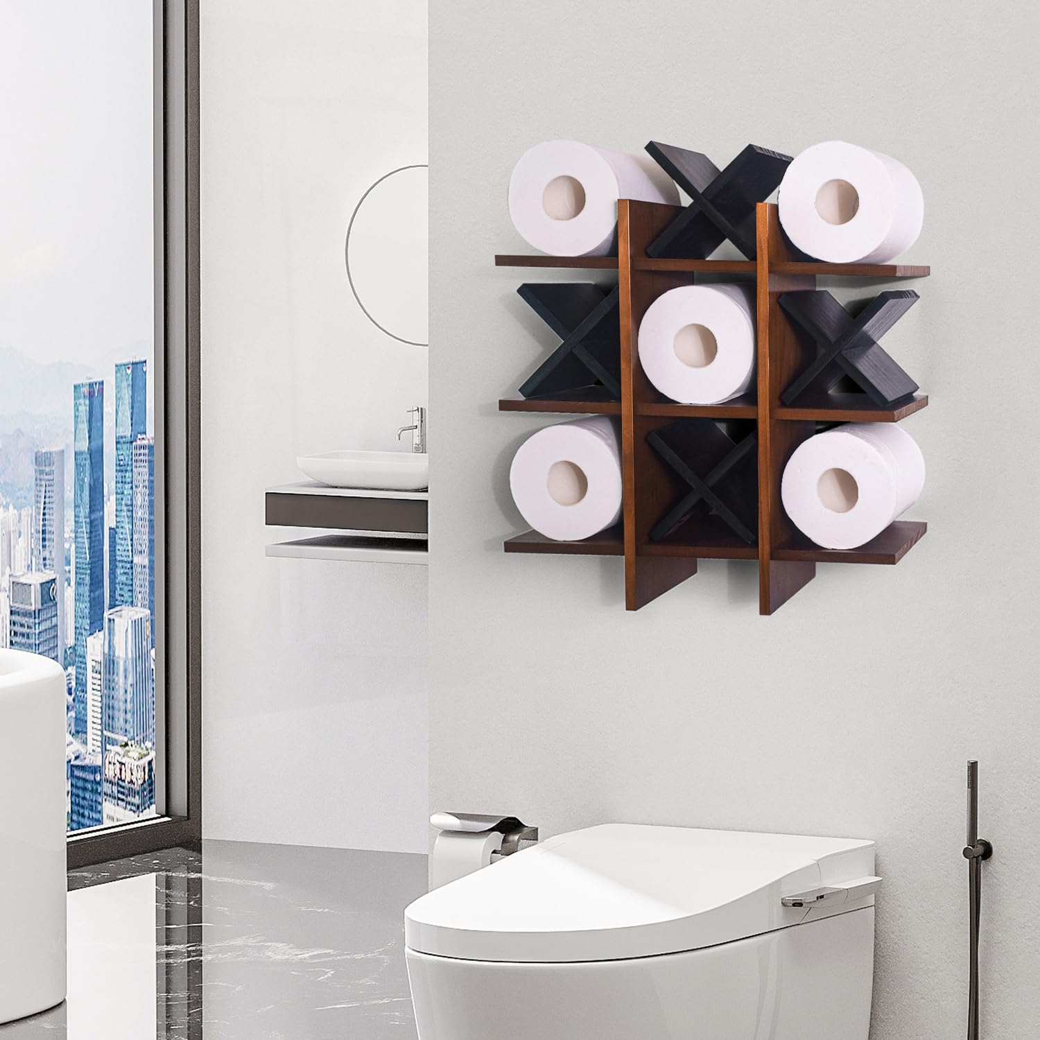 Daoyousky Tic Tac Toe Toilet Paper Holder Stand With 4Pcs Wooden X, Farmhouse Rustic Wall Mounted Funny Toilet Papers Storage Or