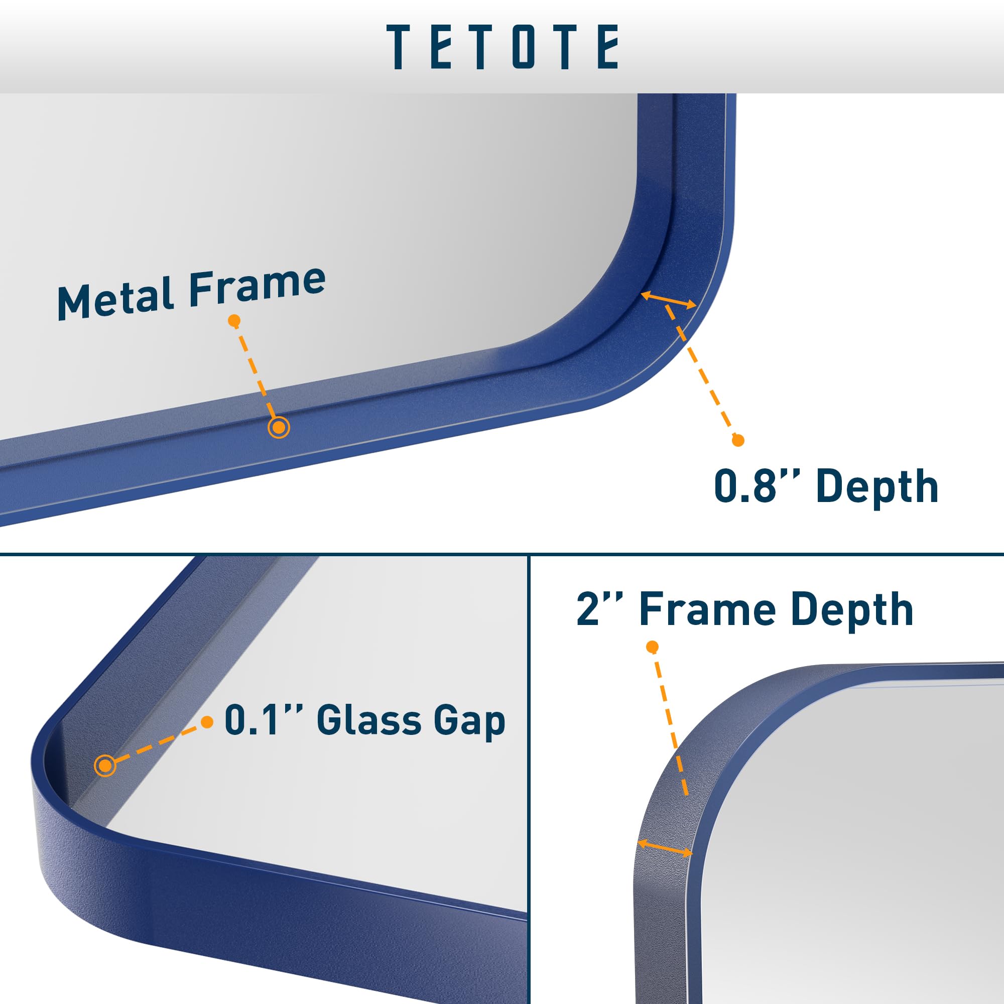 Tetote 30 X 36 Navy Blue Frame Mirror For Bathroom Metal Frame Wall Mounted Rectangle Mirror For Vanity With Sandy Textured Surf