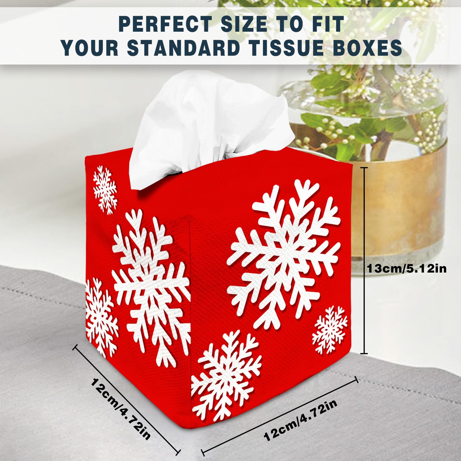 Tissue Box Cover Square Canvas Decorative Tissue Box Holder Cute Funny Cube Tissue Case Cover-Xmas Decor Christmas Snowflake Red