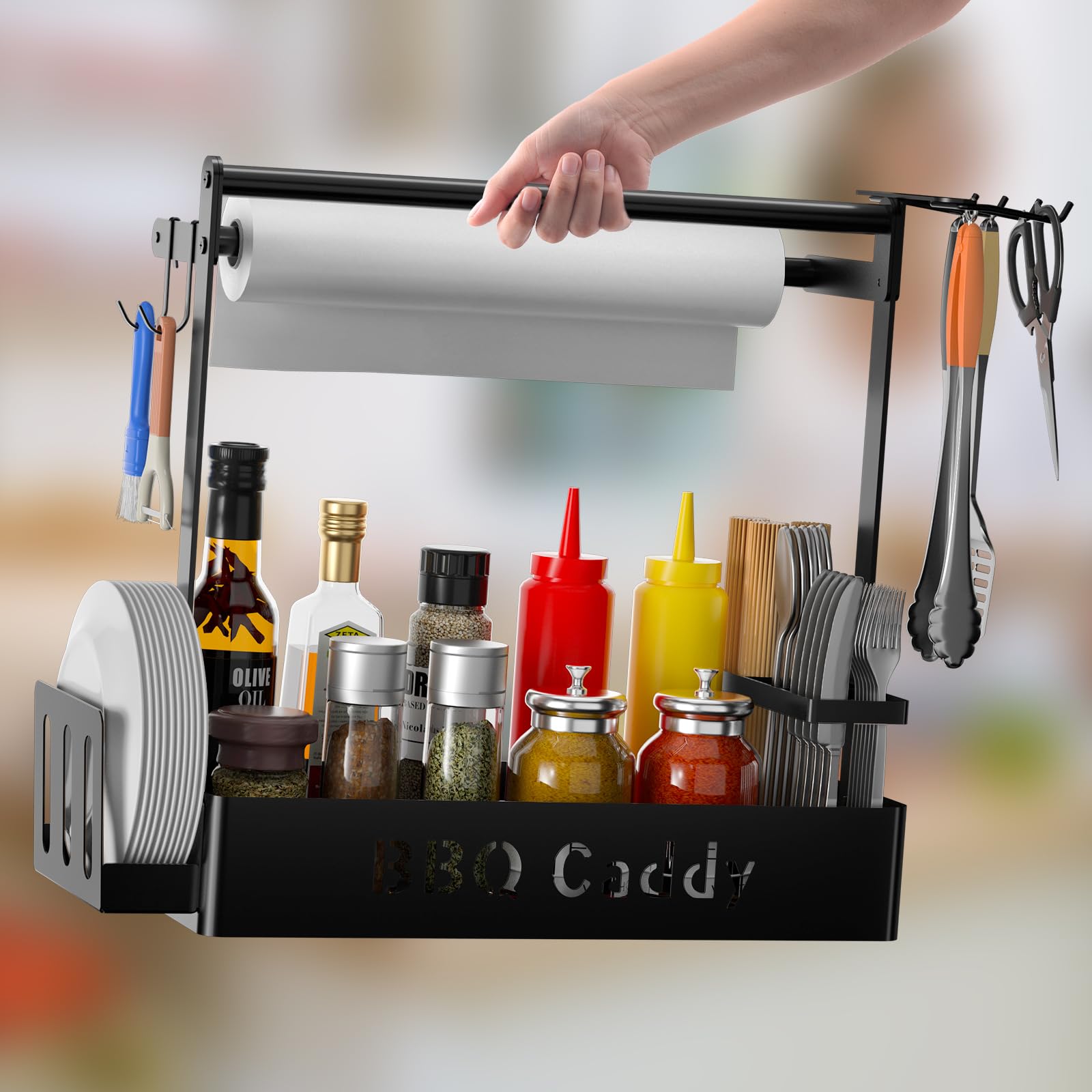 Zddloinp Grill Caddy, Bbq Caddy With Paper Towel Holder For Plate Cutlery, Flatware Caddy Picnic Condiment Caddy With 4 Hooks, G