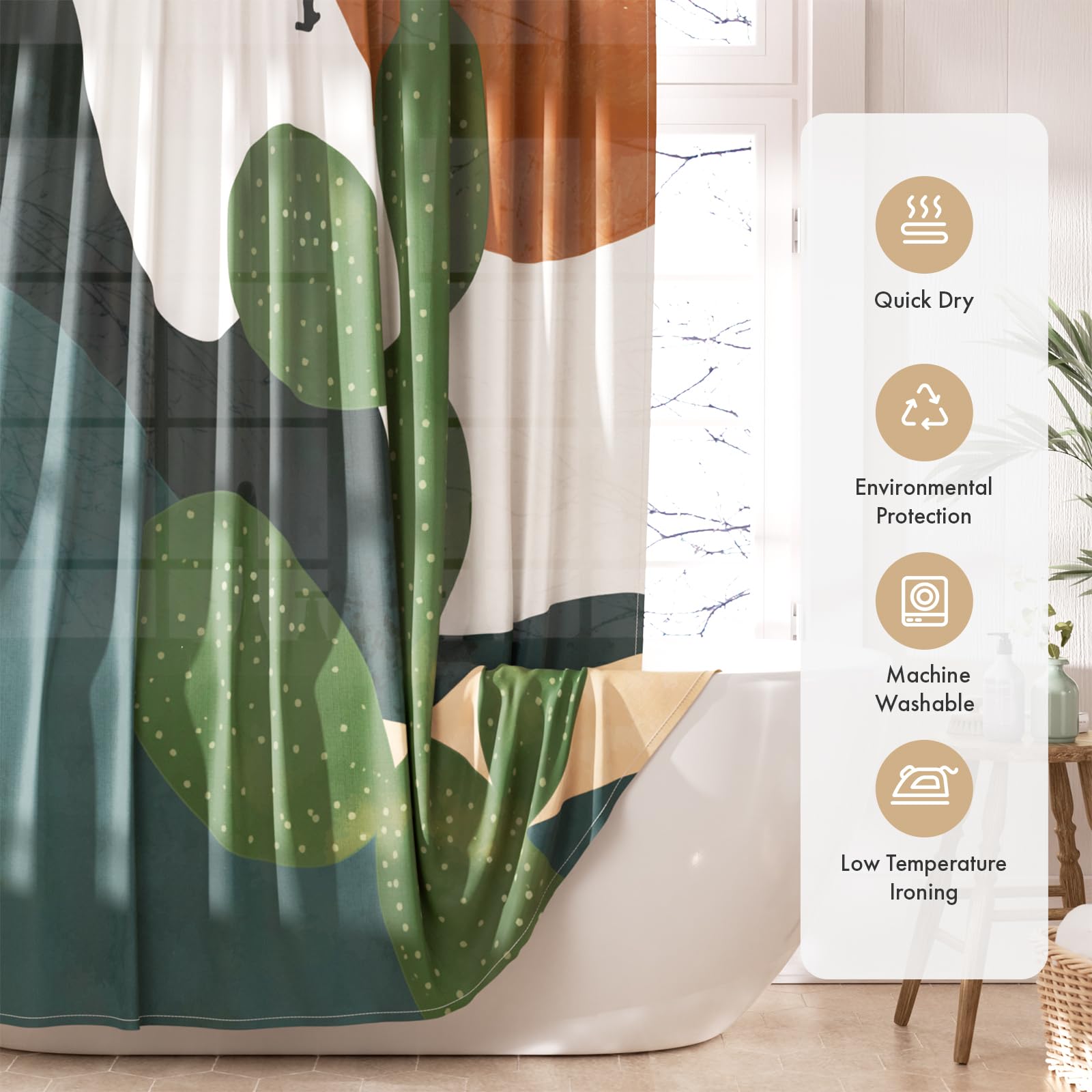 Amazerbath Boho Shower Curtain, 72X72 Washable Cloth Sage Cactus Shower Curtains For Bathroom, Fabric Rustic Neutral Shower Curt