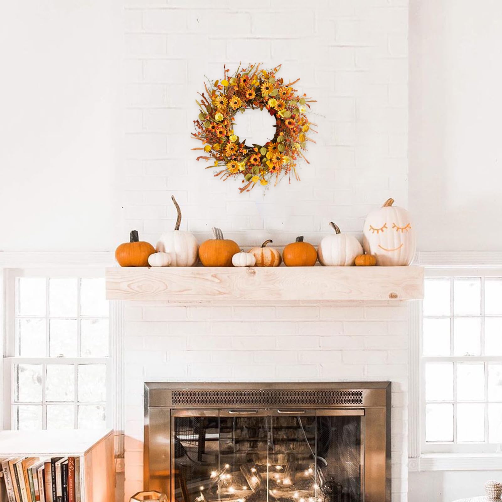 TEMPUS 22inch Thanksgiving Daisy Grain Wreath Autumn Harvest Wreath Eucalputs Leaves with Berries Fall Decor Front Door Indoor o