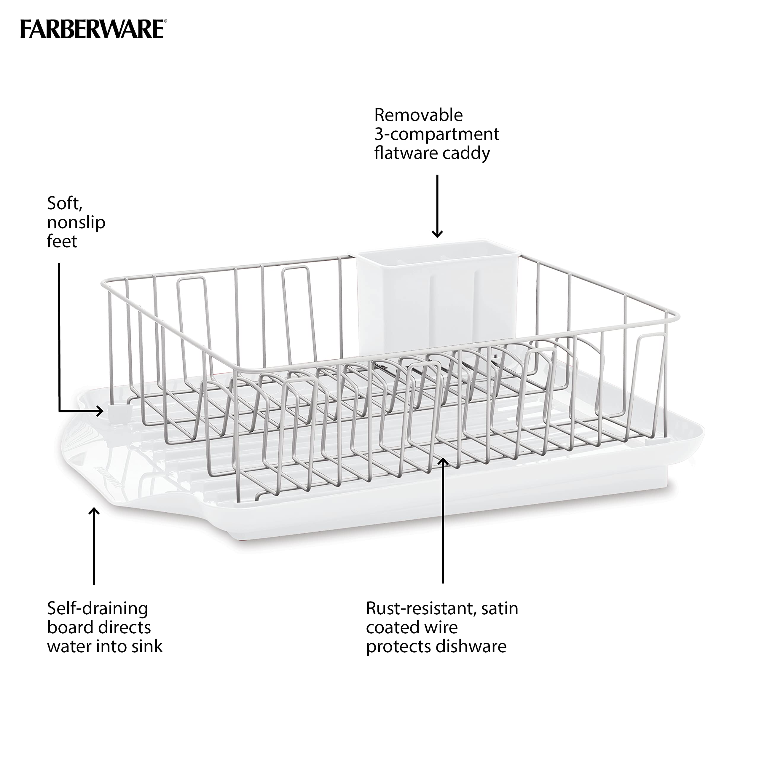 Farberware Classic Large Dishrack, Rust Resistant with Removable Flatware Caddy, 3-Piece, White, Model 5290287