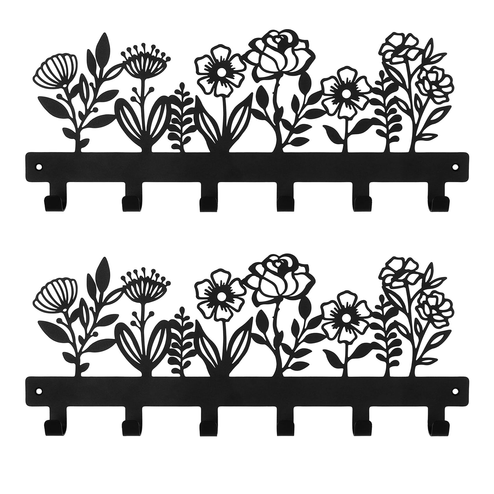 16 Inches Towel Rack Key Holder Wall Mounted with 6 Hooks for Wall, Black Metal Keychain Hanger for Entryway Front Door Hallway 
