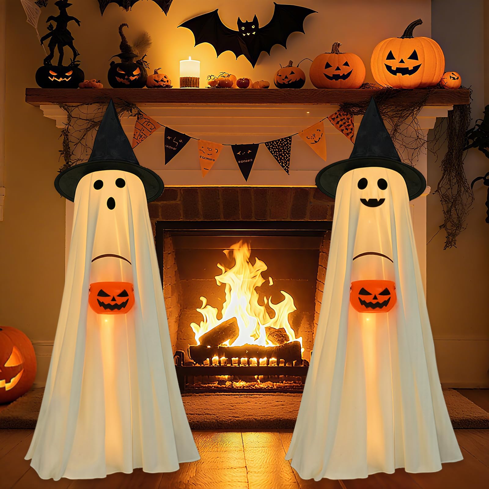 Halloween Decorations Indoor Outdoor, 2 Packs Light Up Spooky Ghost with Pumpkin Halloween Decor Crafts, Indoor Cute Party Ghost