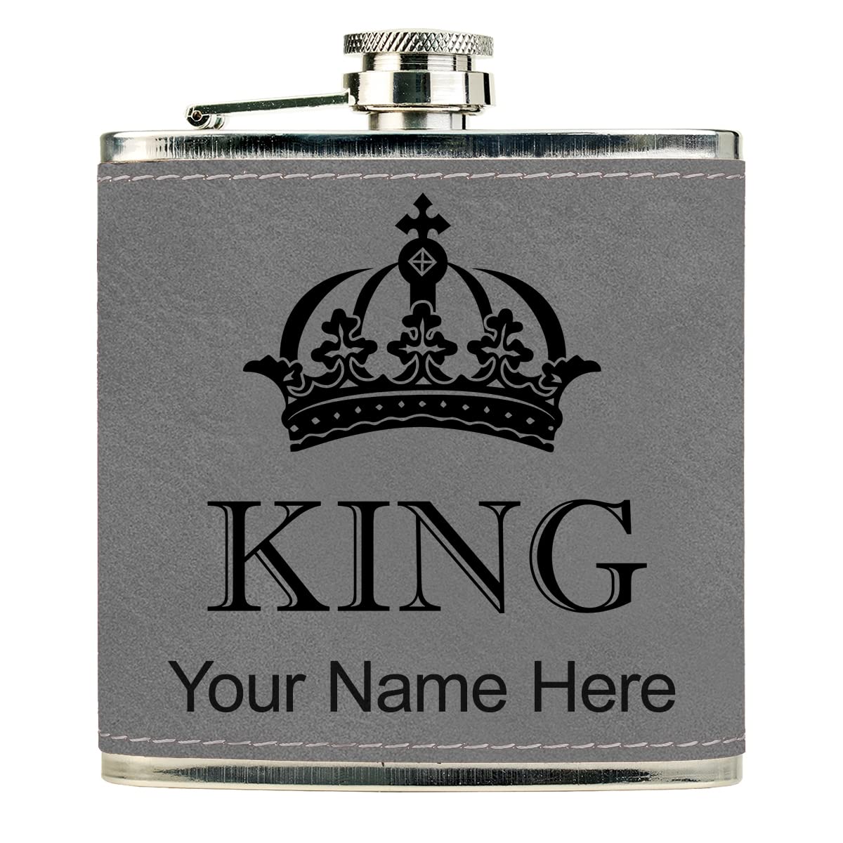 Faux Leather Flask, King Crown, Personalized Engraving Included (Gray)