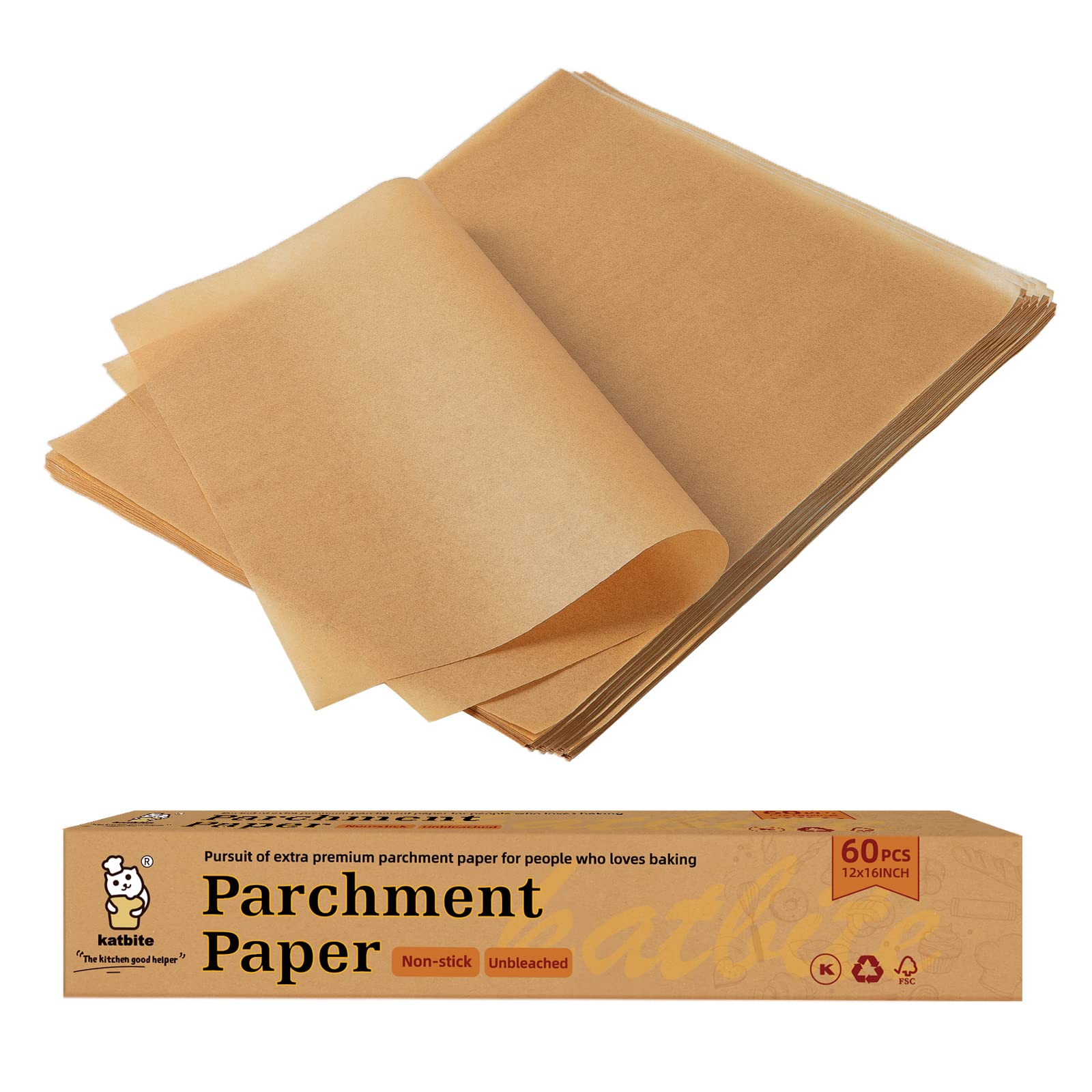 Katbite 12X16 Inch Parchment Paper Sheets, Pre Cut Unbleached Baking Paper, Heavy Duty & Non-Stick For Half Sheet Baking, Cookin