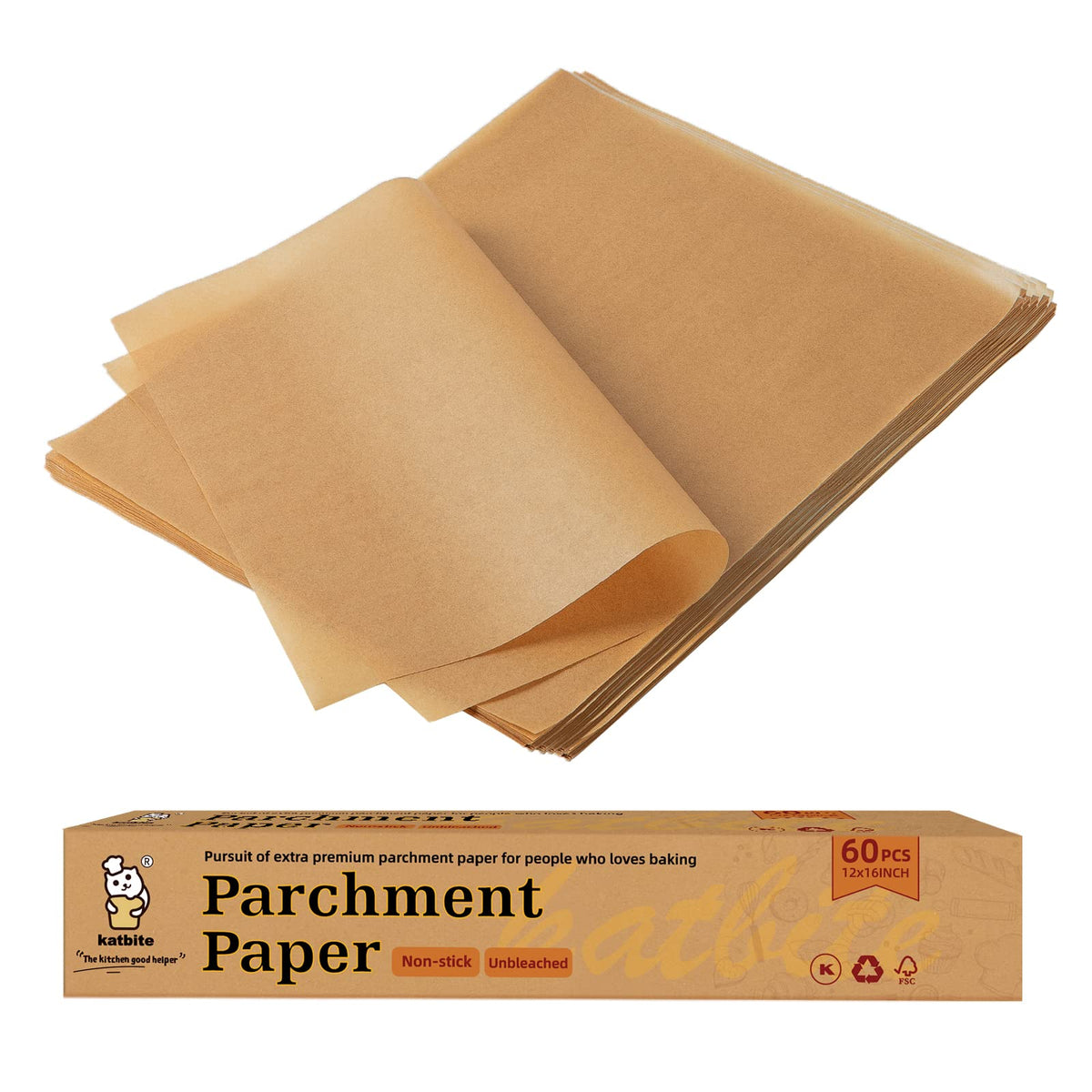 Katbite 12X16 Inch Parchment Paper Sheets, Pre Cut Unbleached Baking Paper, Heavy Duty & Non-Stick For Half Sheet Baking, Cookin