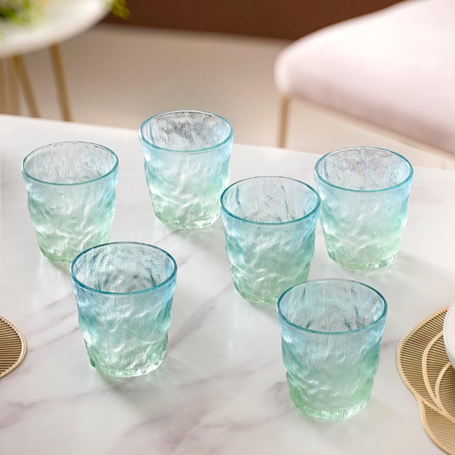 Nestasia Short Glasses Set of 6, Food-Safe and Lead-Free Tumbler, Ombre Glacier Tempered Glassware, 250ml each