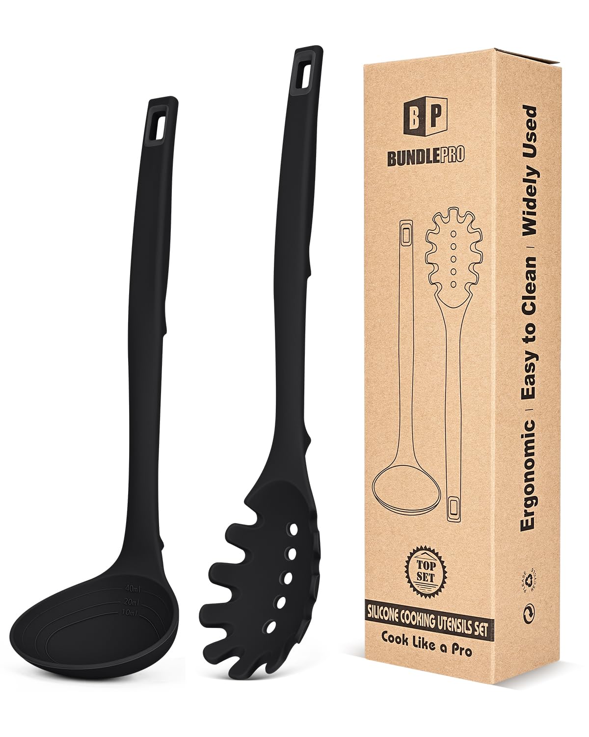 Silicone Pasta Fork and Soup Ladle Set, Heat Resistant Non Stick Kitchen Utensils with Back Hooks, Suitable for Cooking, Stirrin