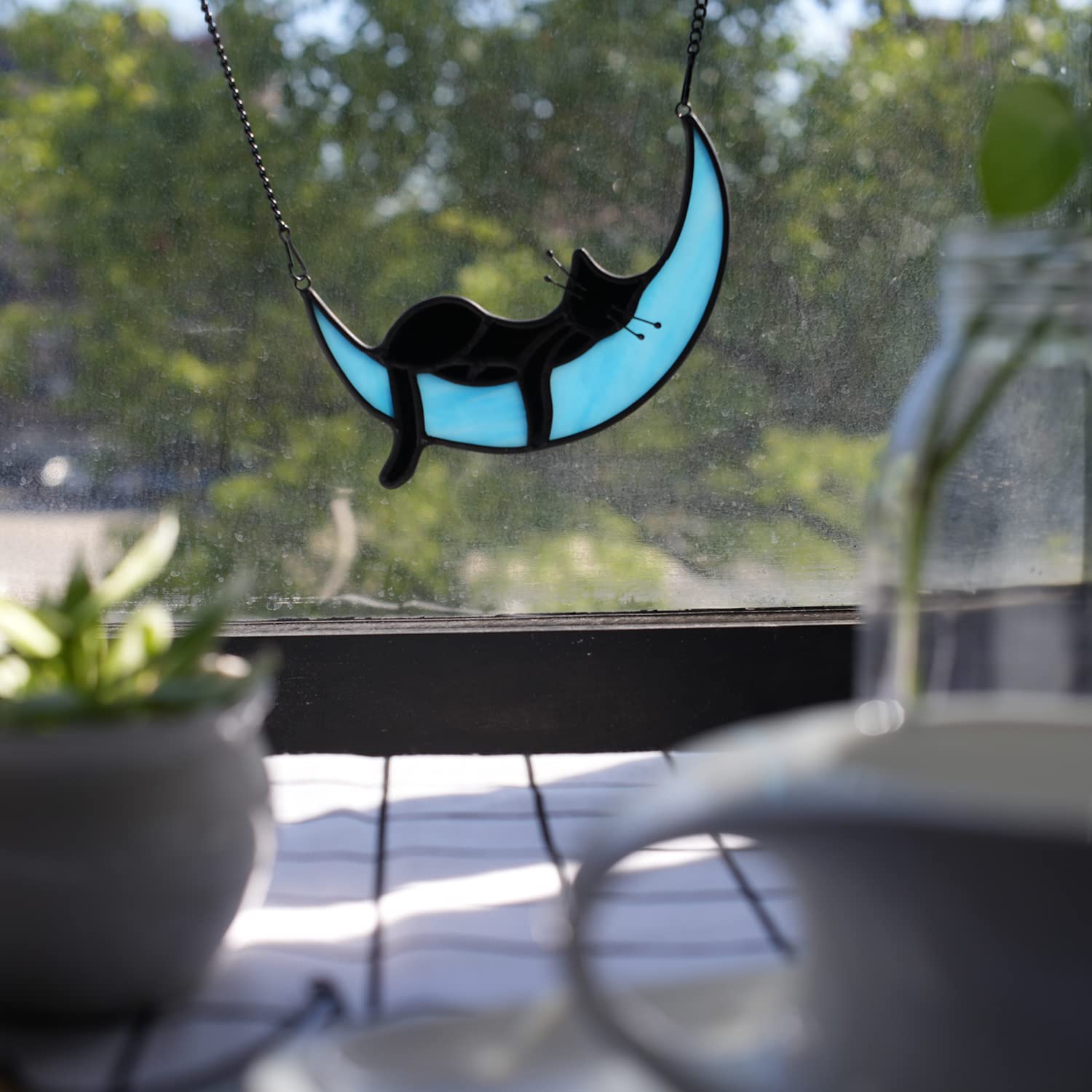 BOXCASA Black Cat on Moon Stained Glass Witchy Gifts for Women - Indoor Suncatchers for Windows Hanging,Christmas for Cat Lovers