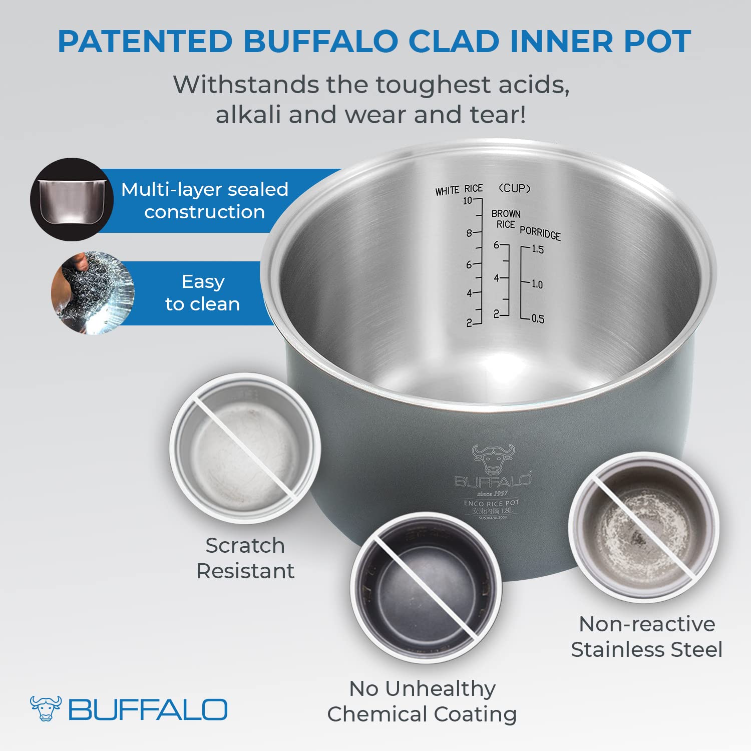 Buffalo Classic Rice Cooker With Clad Stainless Steel Inner Pot (10 Cups) - Electric Rice Cooker For White/Brown Rice, Grain - E