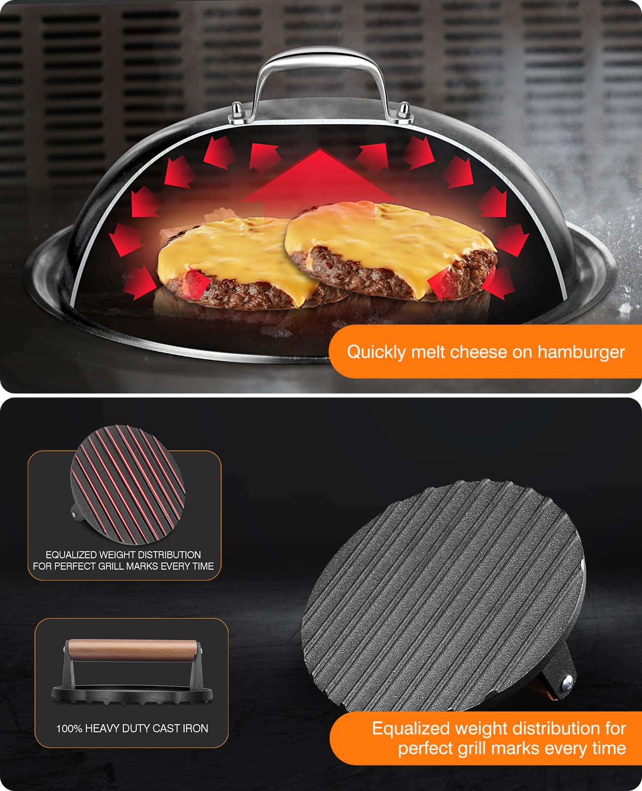 HOMENOTE Griddle Accessories for Blackstone  Commercial Grade 12 Inch Heavy Duty Melting Dome with Round Cast Iron Smash Burger Press Perfect for Flat Top Hibachi Grill Indoor Outdoor
