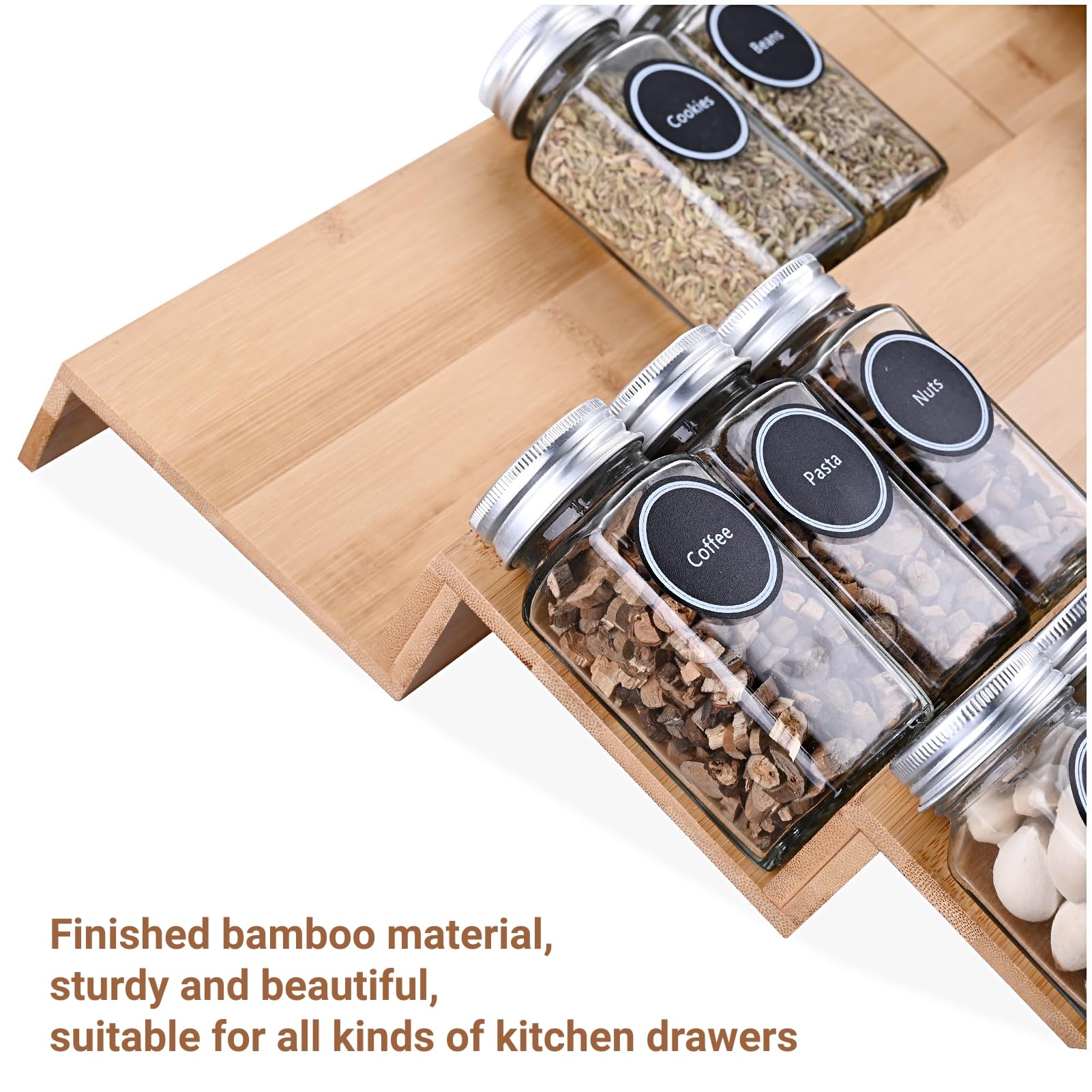 Mulush Bamboo Spice Rack Tray - 64 Jars Spice Drawer Organizer for Kitchen Cabinets Storage and Organization