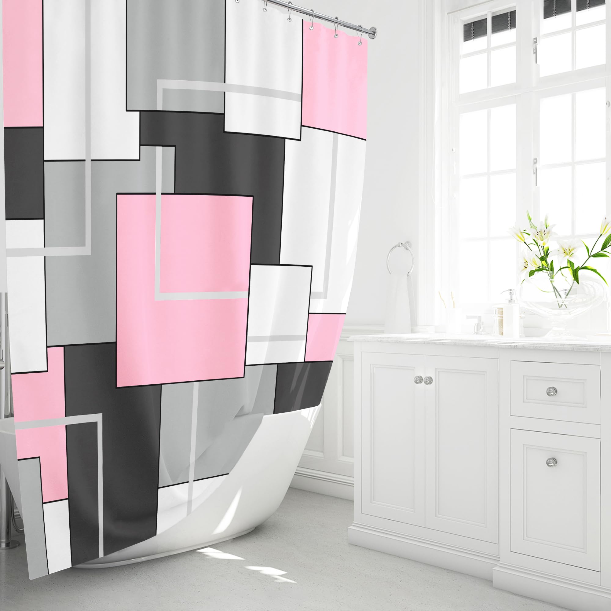 Bttn Extra Long Shower Curtain - 72 X 84 Inch Long Geometric Decorative Fabric Shower Curtain Set With 12 Plastic Hook, Water Re