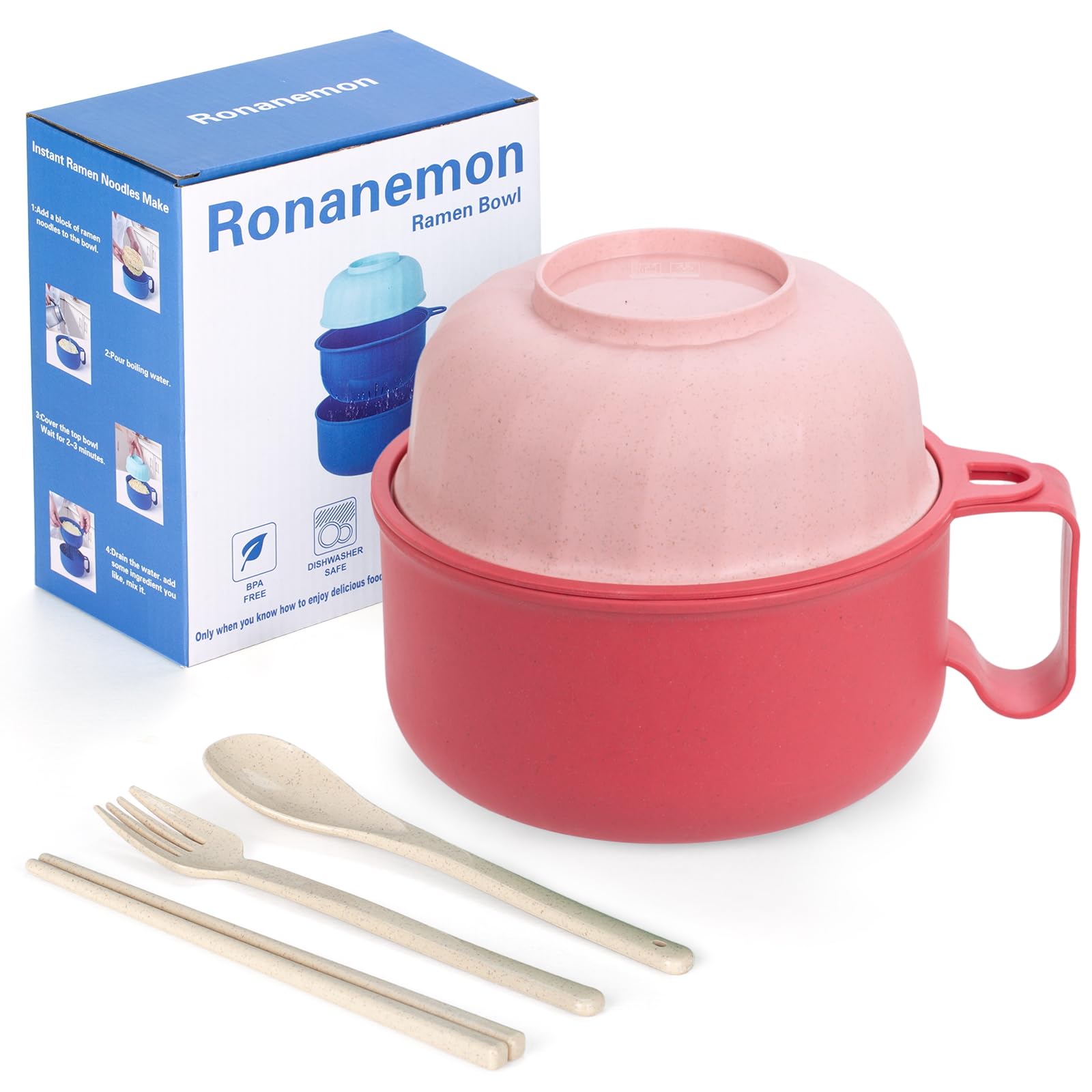 Ronanemon Large Ramen Bowl,40oz Ramen Noodle Bowls Microwavable, Ramen Cooker with strainer, Microwave Pasta Cooker, Gift for Co