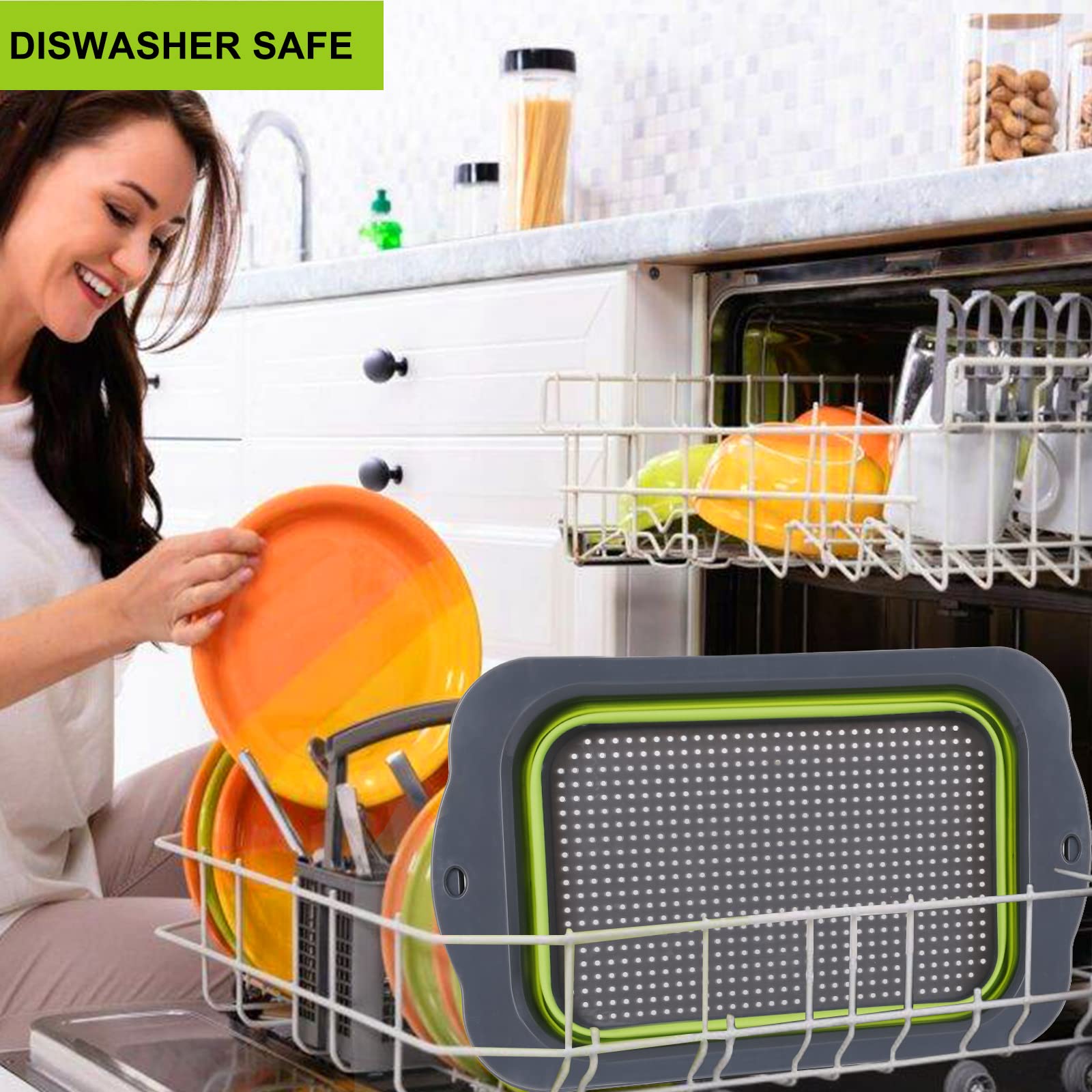 Qimh Colander Collapsible, Over Sink Silicone 9 Quart(8.5L) Extra Large Kitchen Strainers With Extendable Handles, Veggies, Frui