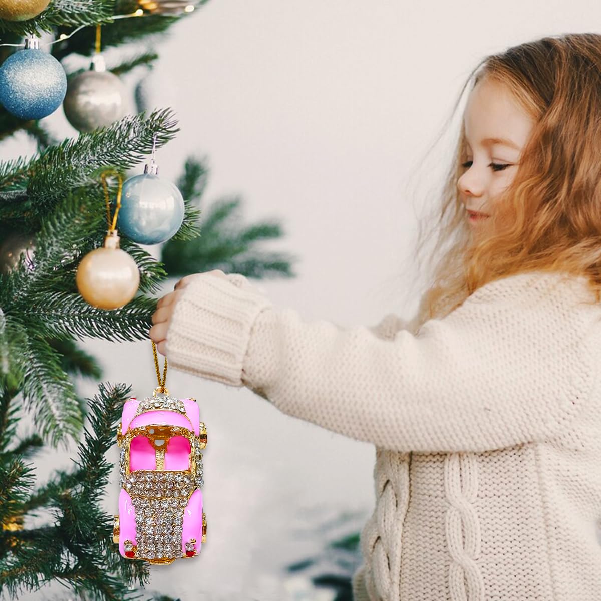 Car Ornaments, Cars Ornament for Christmas Tree, Pink Metallic Handmade with Rhinestone, Beautiful Classic Cute Christmas Orname