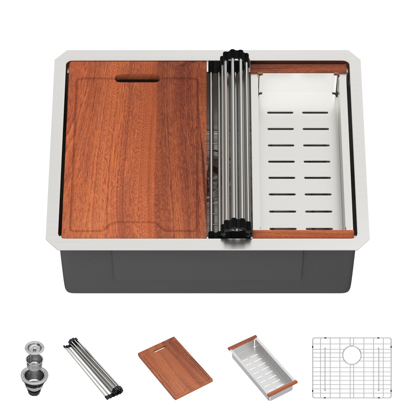 Lordear 25 Inch Undermount Kitchen Sink Workstation 25X19X10 16 Gauge Stainless Steel Single Bowl Round Corner Kitchen Sinks